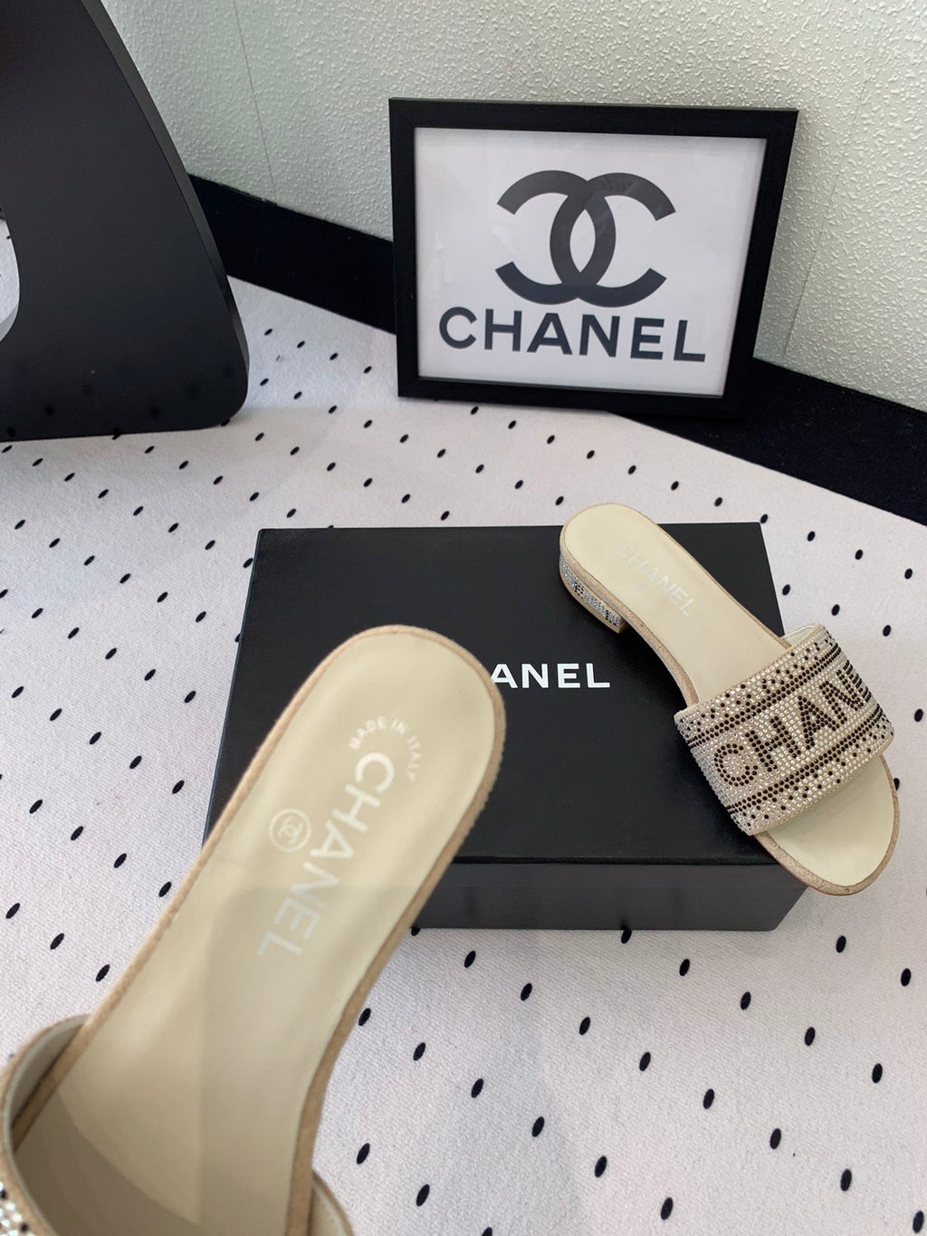 CHANEL RHINESTONE LETTER SLIPPERS BEIGE LAMBSKIN