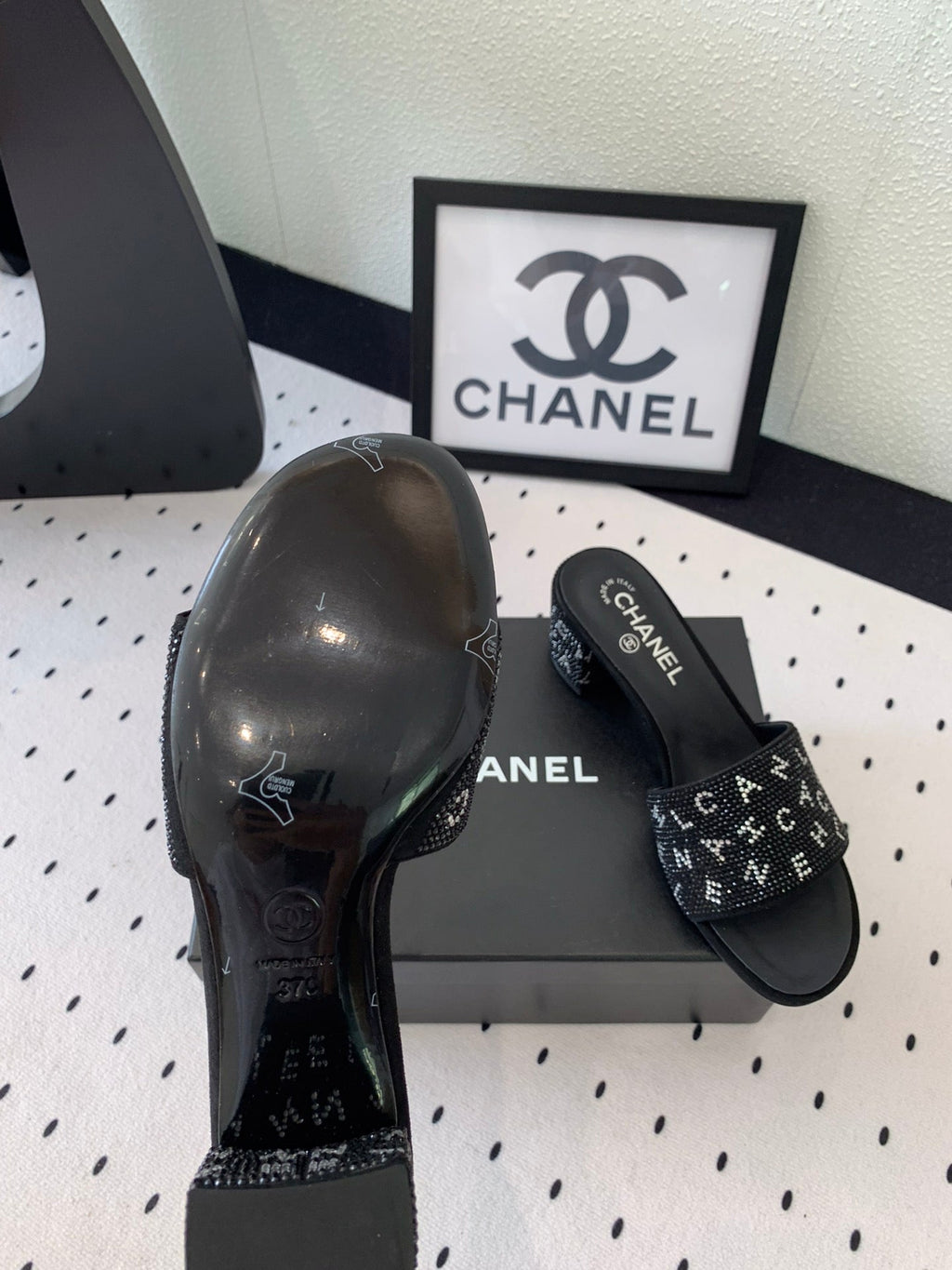 CHANEL RHINESTONE LETTER HIGH HEELS BLACK LAMBSKIN