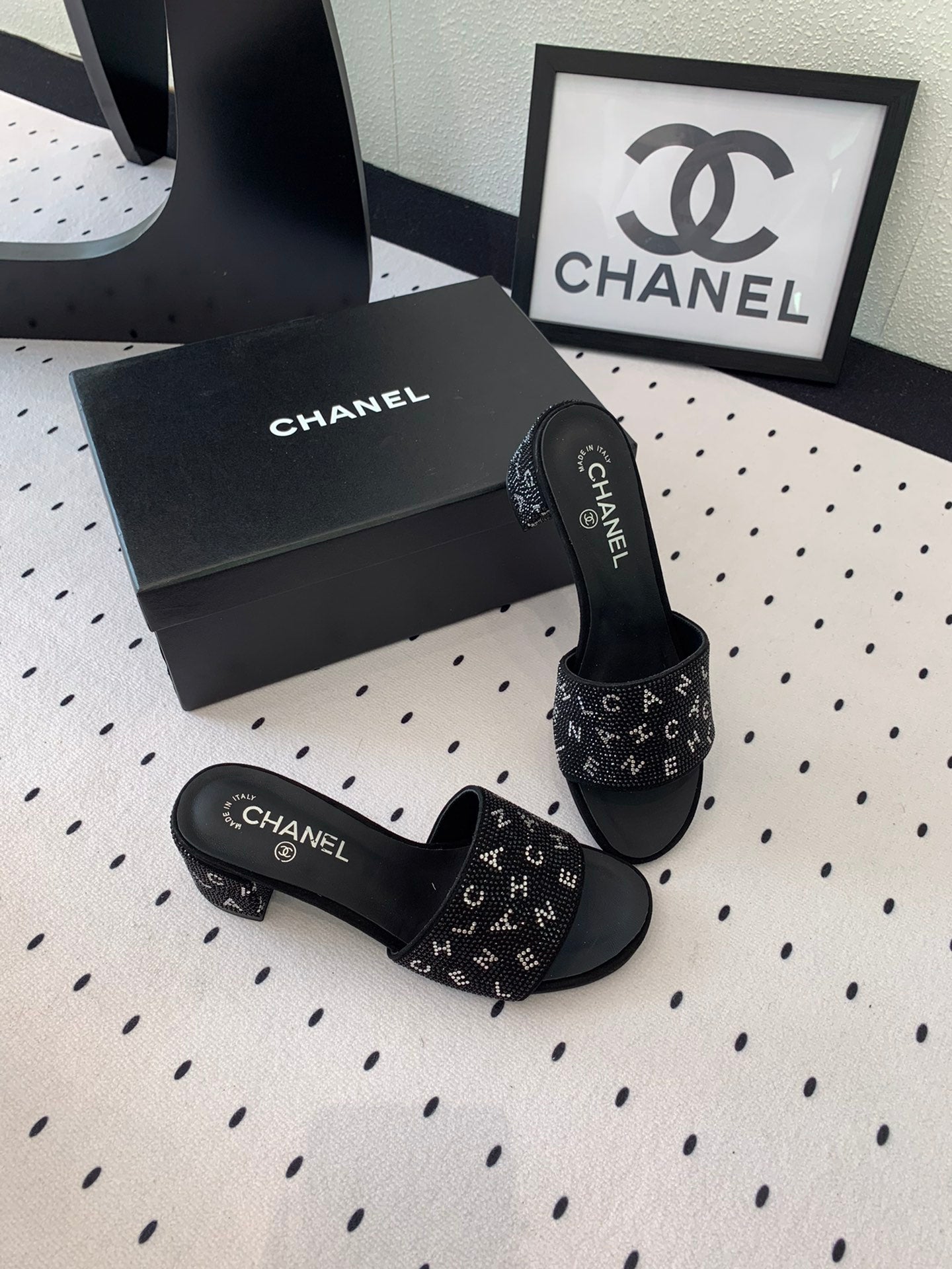 CHANEL RHINESTONE LETTER HIGH HEELS BLACK LAMBSKIN