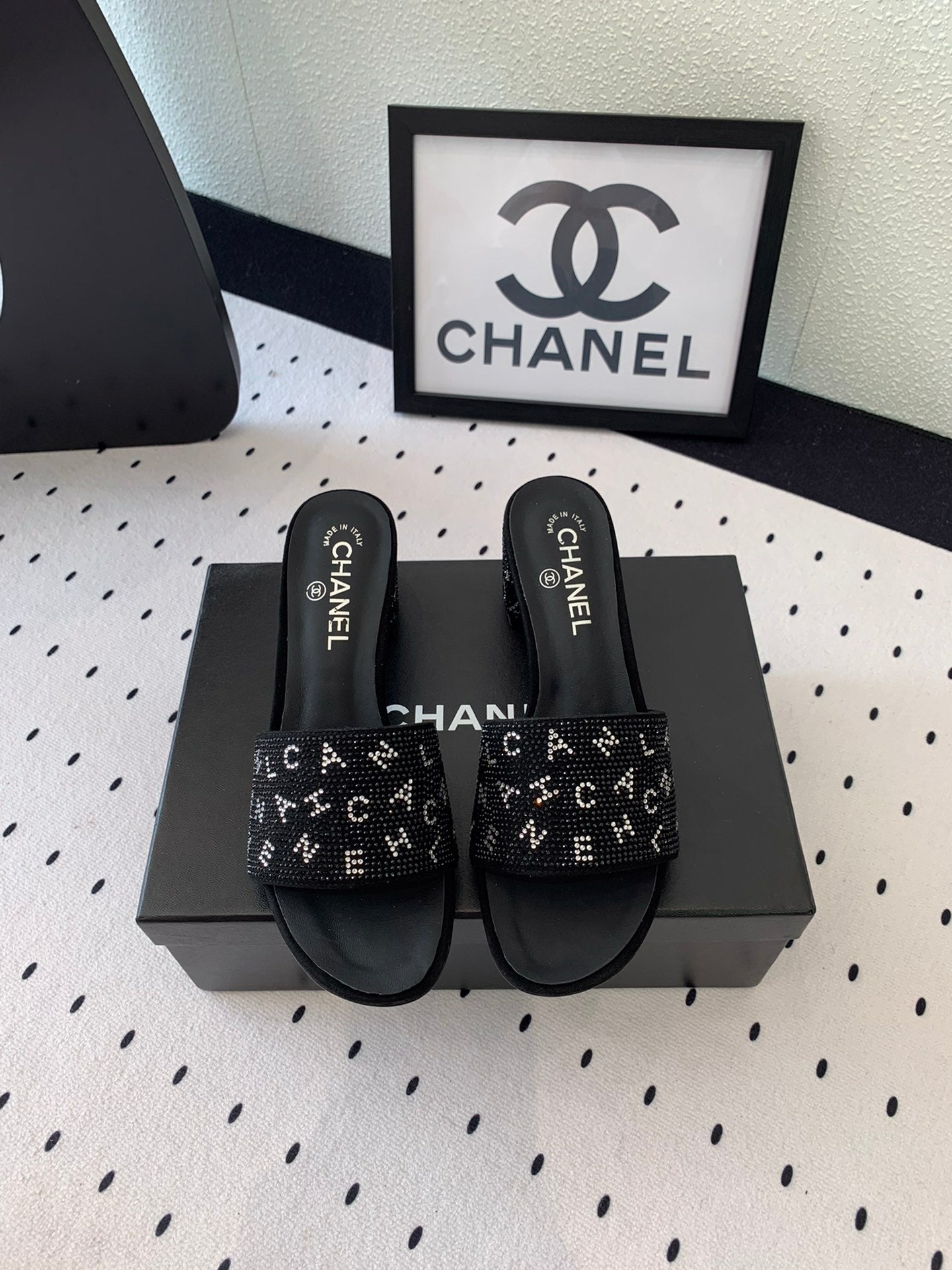 CHANEL RHINESTONE LETTER HIGH HEELS BLACK LAMBSKIN