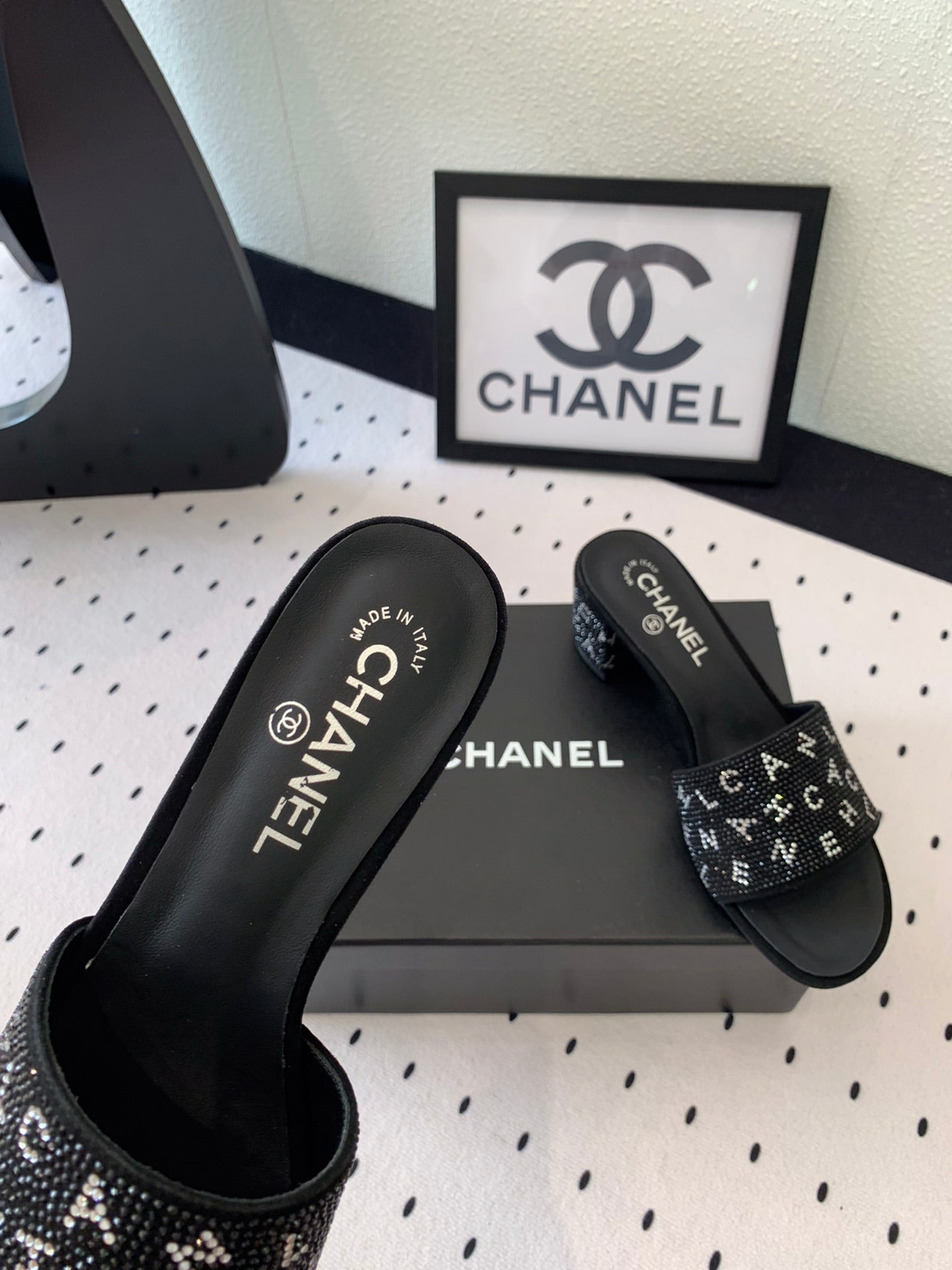 CHANEL RHINESTONE LETTER HIGH HEELS BLACK LAMBSKIN