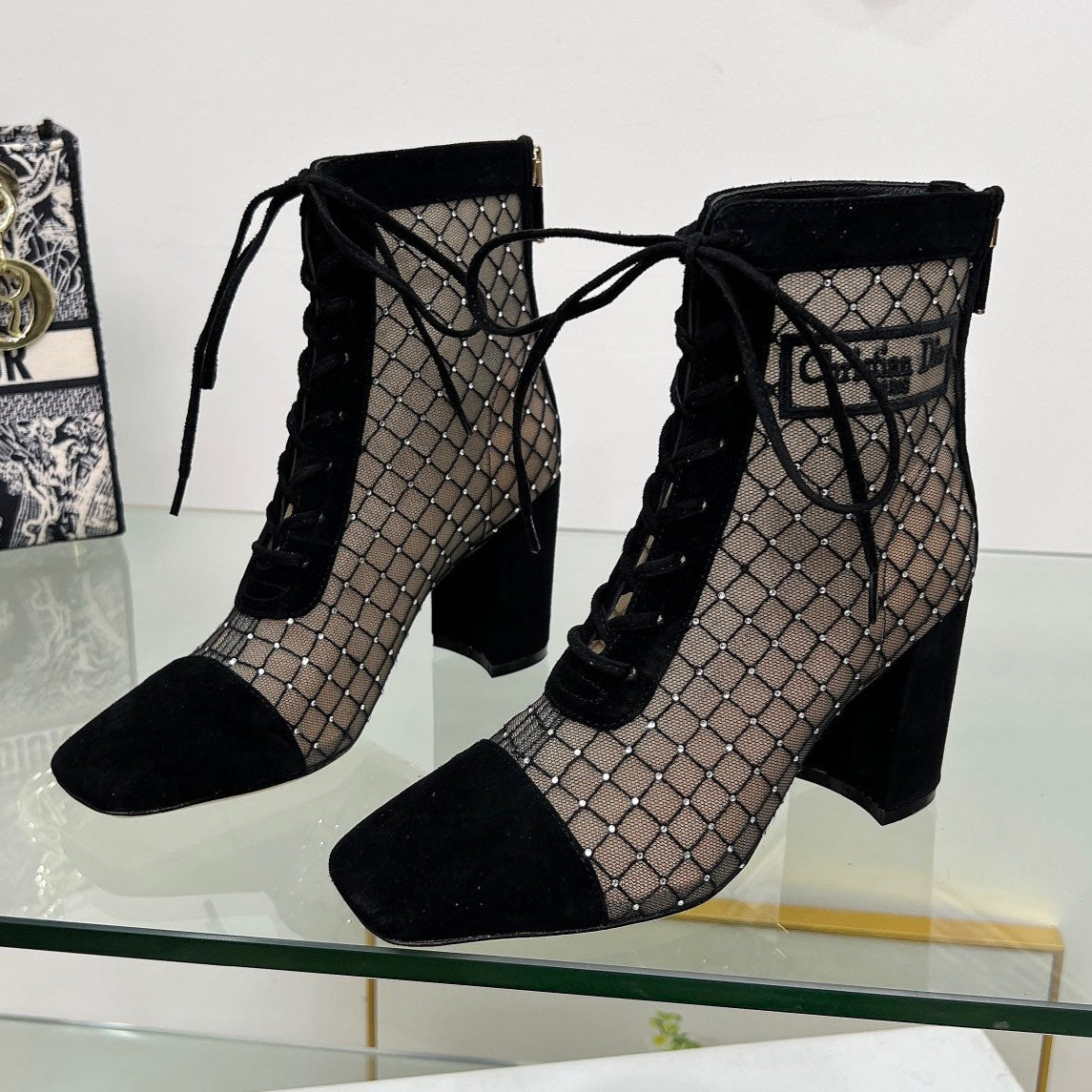 DIOR NAUGHTILY-D HEELED ANKLE BOOT IN BLACK EMBROIDERED MESH AND SUEDE 8 CM