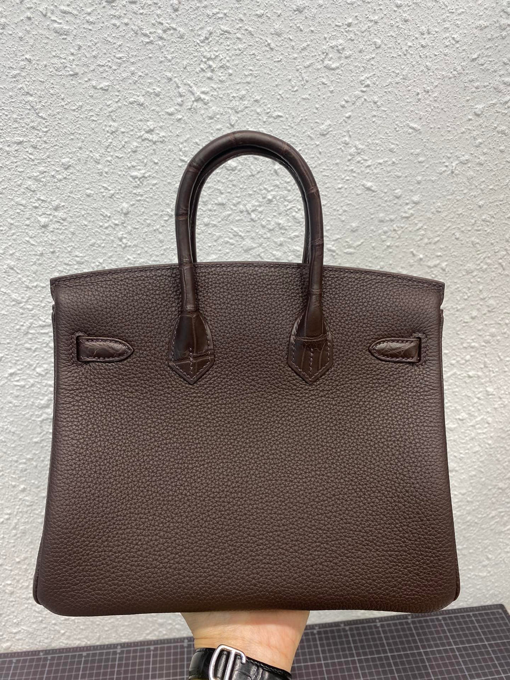 HERMES BIRKIN 25CM CAFE CROCODILE AND TOGO LEATHER SILVER HARDWARE