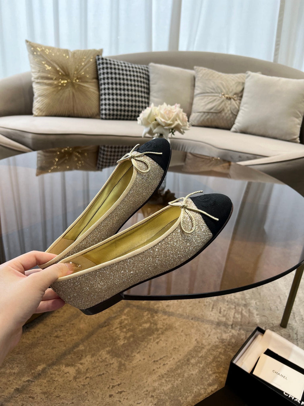 CHANEL ballet flats yellow tweed
