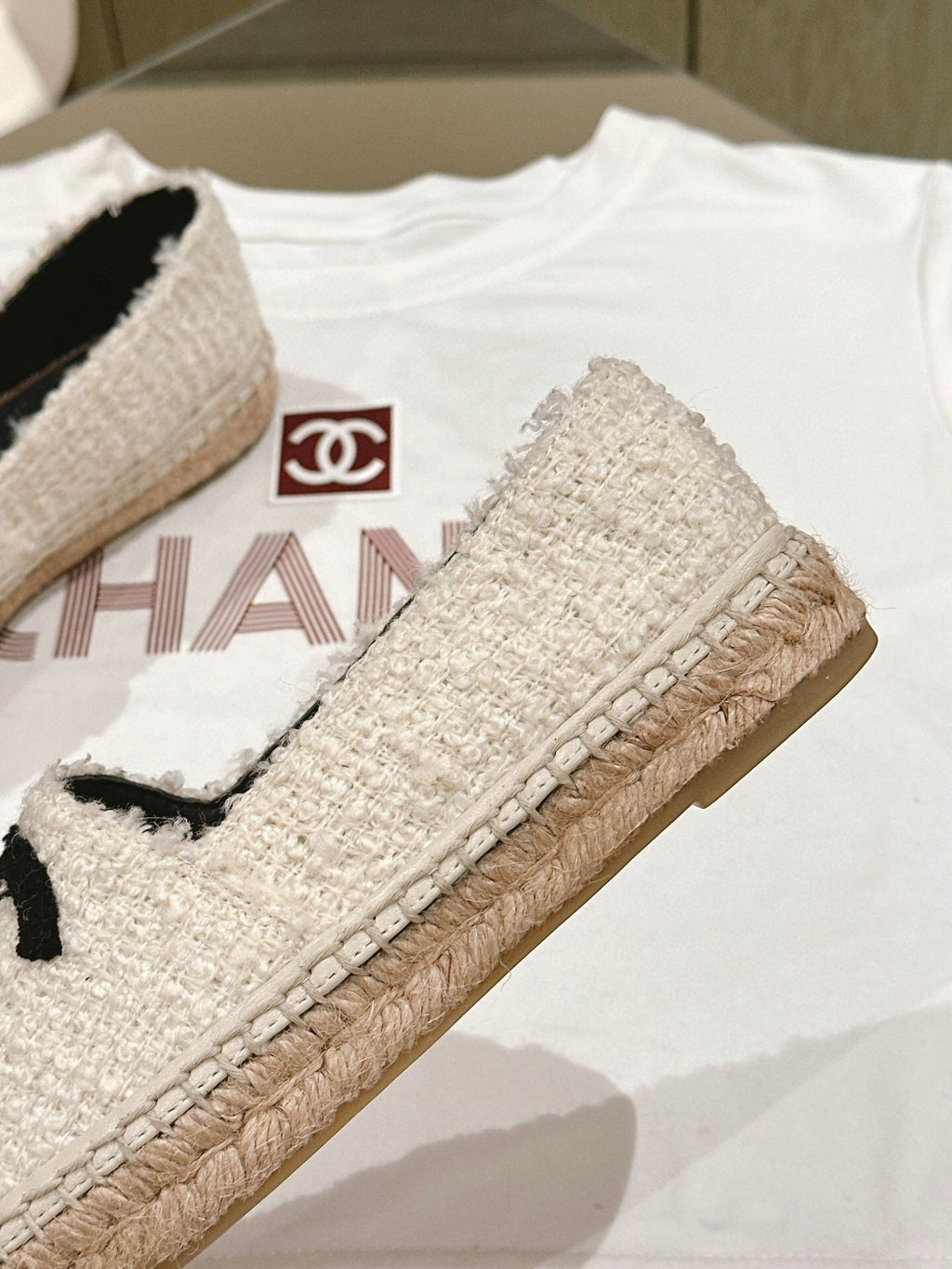 CHANEL ESPADRILLES LOAFERS IN WHITE TWEED WITH BLACK LOGO