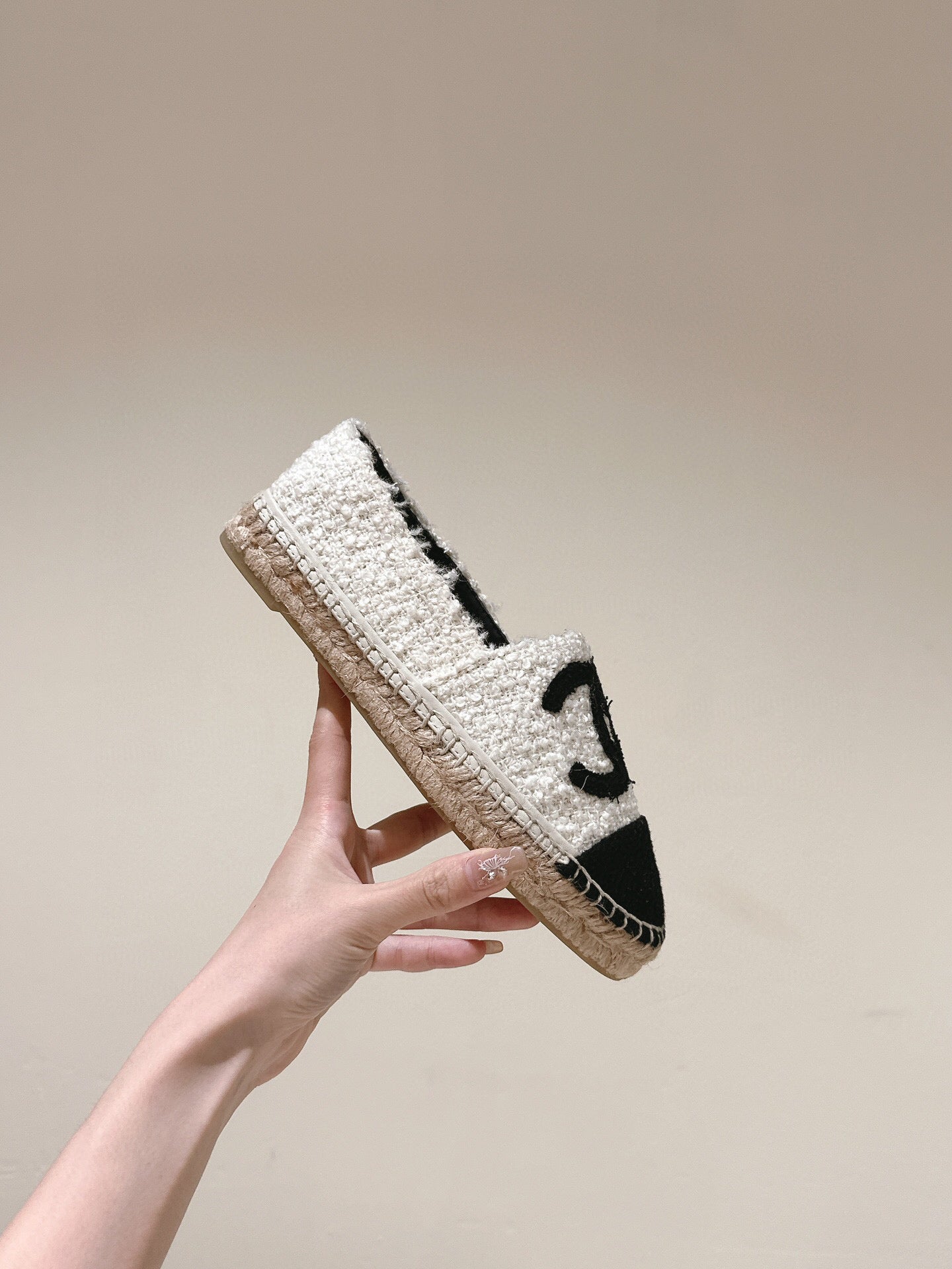 CHANEL ESPADRILLES LOAFERS IN WHITE TWEED WITH BLACK LOGO