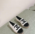 CHANEL ESPADRILLES LOAFERS IN WHITE TWEED WITH BLACK LOGO