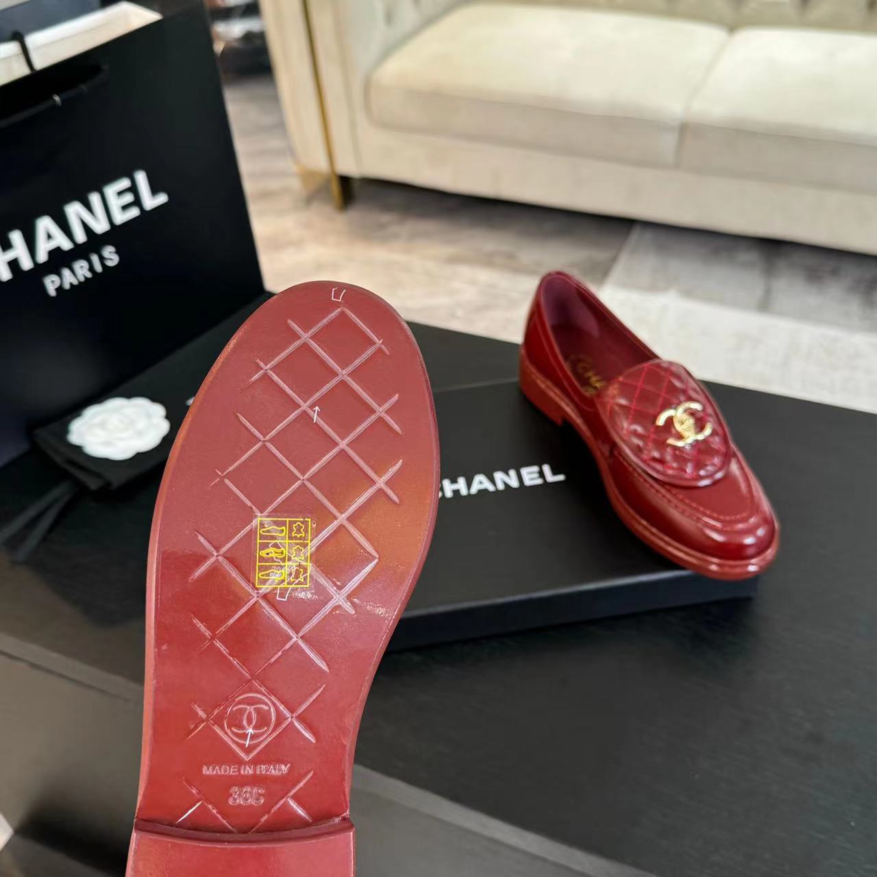 CHANEL MOASINS RED QUILTED LAMBSKIN