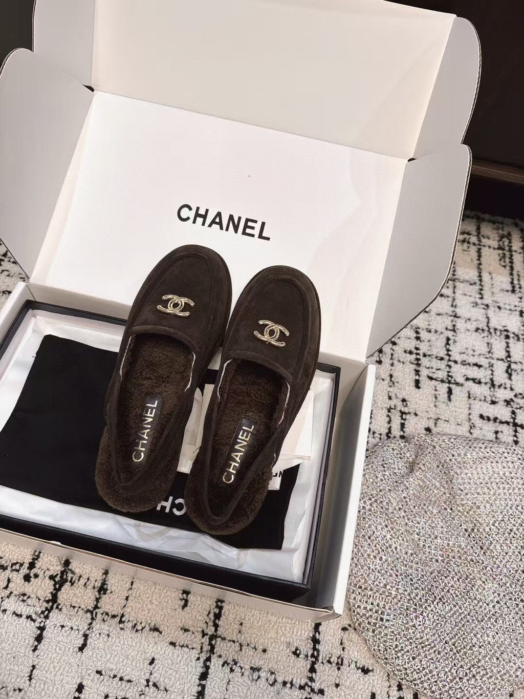 CHANEL SLINGBACK LOAFER IN BROWN SUEDE AND SHEARLING