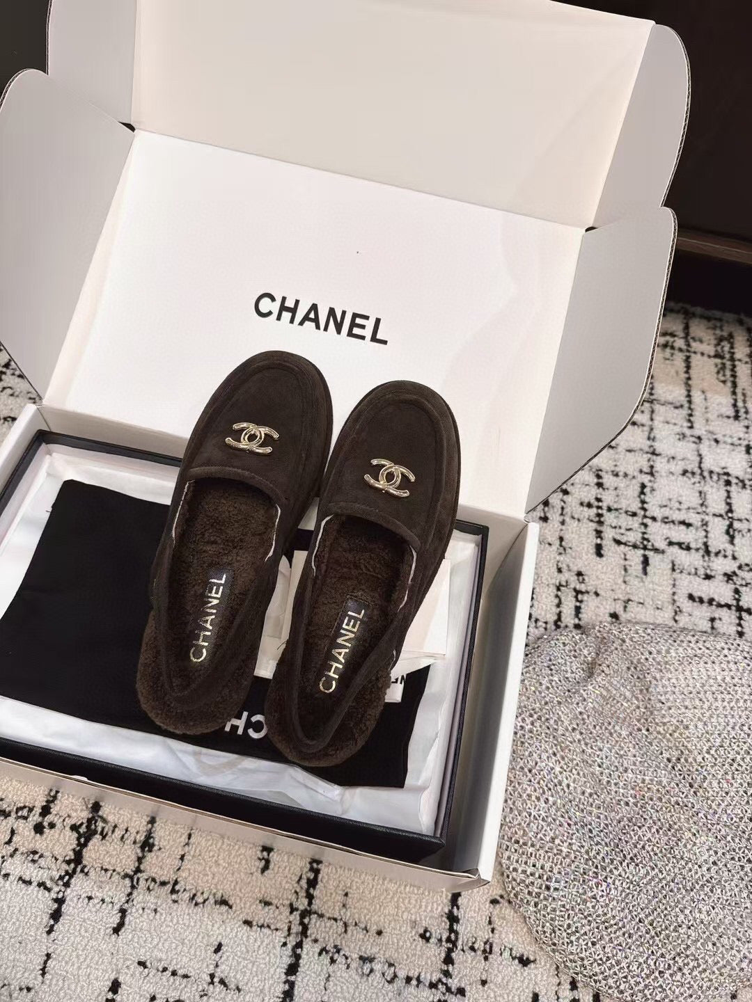 CHANEL SLINGBACK LOAFER IN BROWN SUEDE AND SHEARLING