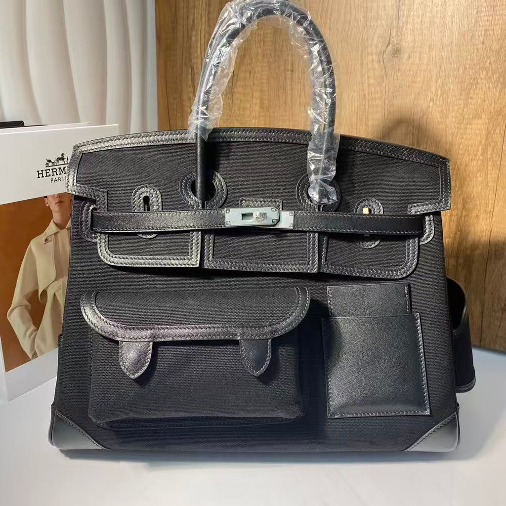 HERMES BIRKIN CARGO 35CM BLACK CANVAS AND LEATHER SILVER HARDWARE