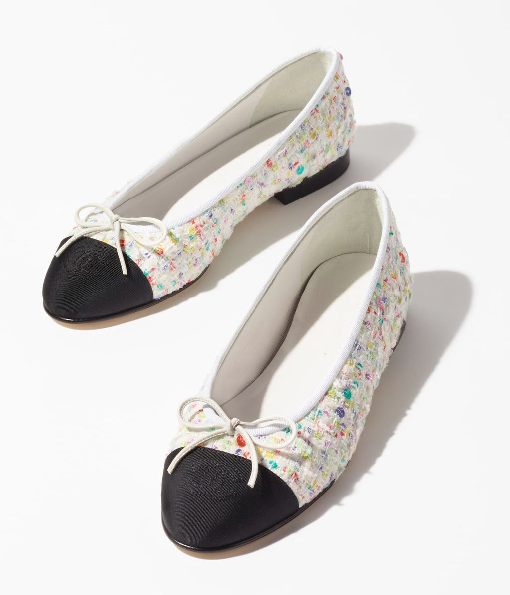 CHANEL BALLET FLATS ECRU MULTICOLOR BLACK TWEED