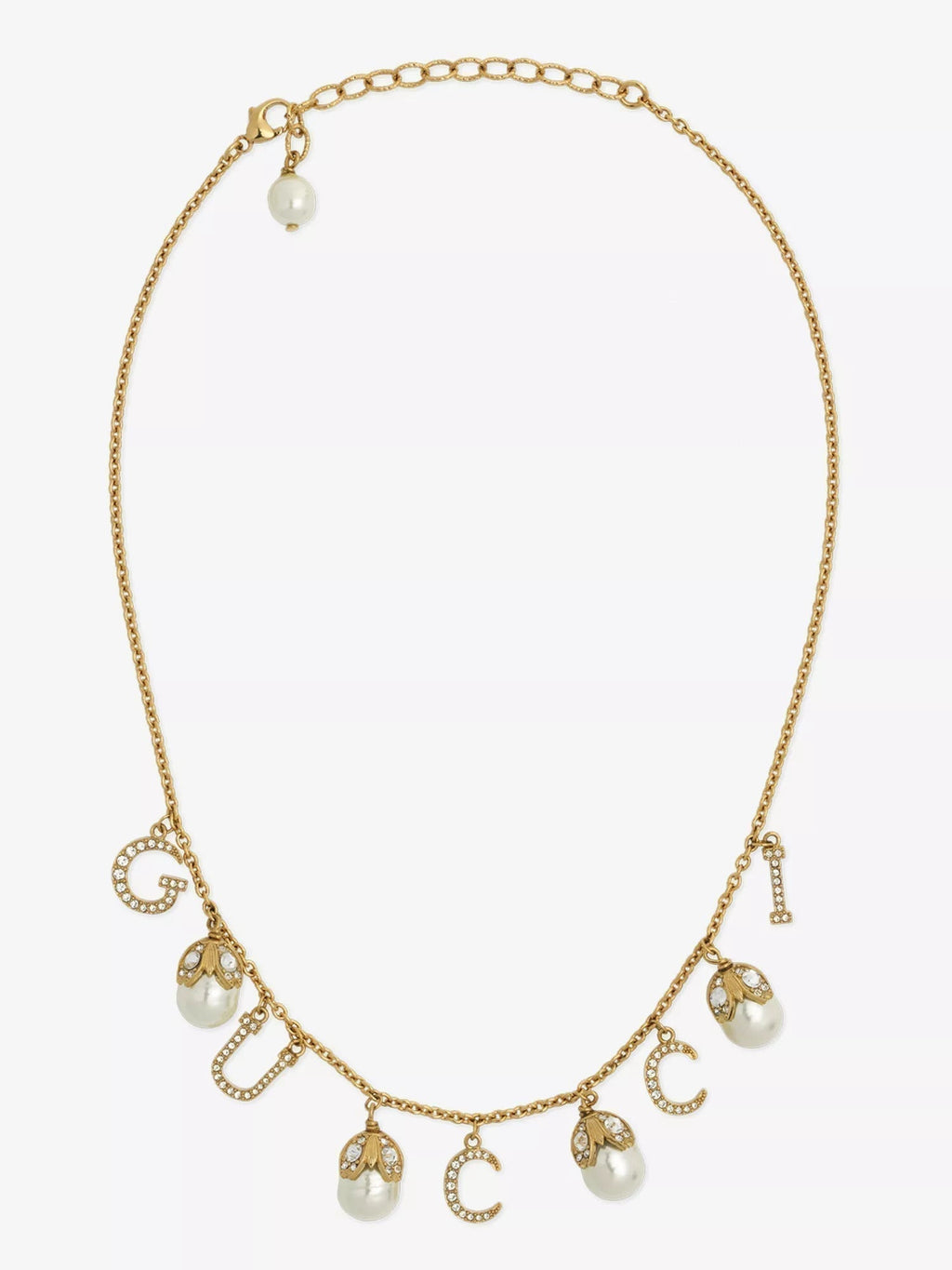 18K Double Gucci Logo Plaque Embellished Pearl Necklace