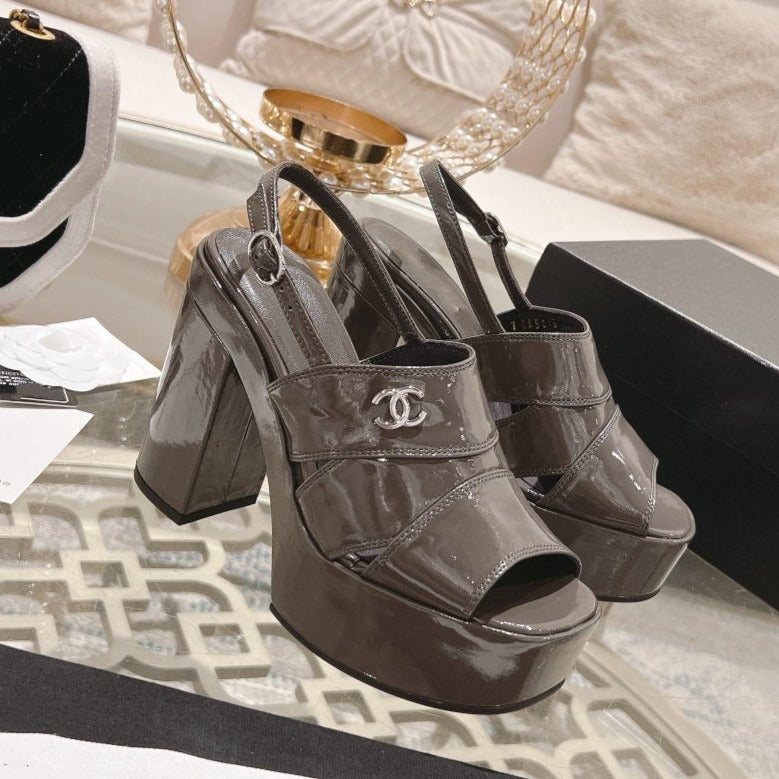 CHANEL sandals chocolate patent crumpled lambskin