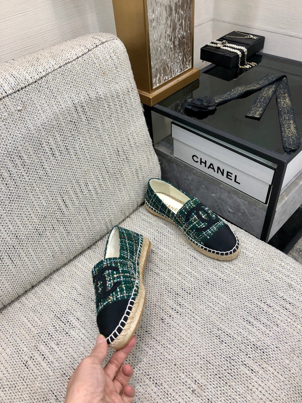 CHANEL ESPADRILLE FOREST GREEN TWEED FABRIC AND BLACK CALFSKIN FLATS