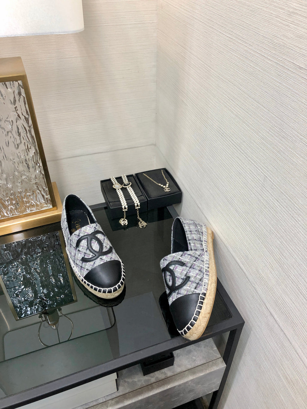 CHANEL ESPADRILLE COLORFUL TWEED FABRIC AND BLACK CALFSKIN FLATS
