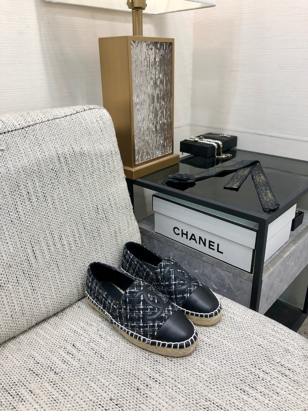 CHANEL ESPADRILLE BLACK MIX WHITE TWEED FABRIC AND CALFSKIN FLATS