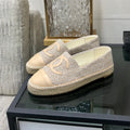CHANEL ESPADRILLE BISQUE BEIGE TWEED FABRIC AND CALFSKIN FLATS