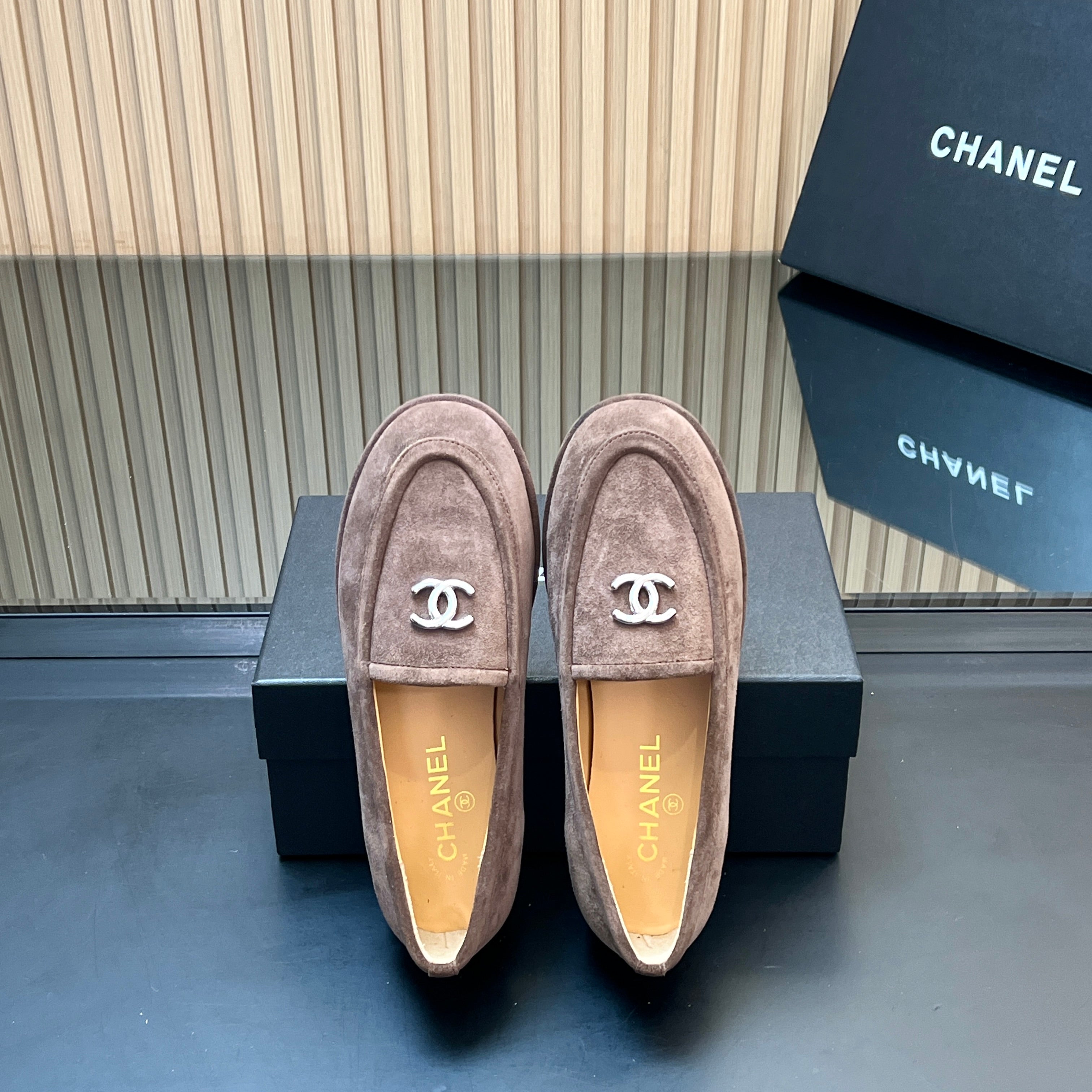 CHANEL 25S TEDDY LOAFER 15MM IN TAUPE GRAY SUEDE SILVER HARDWARE