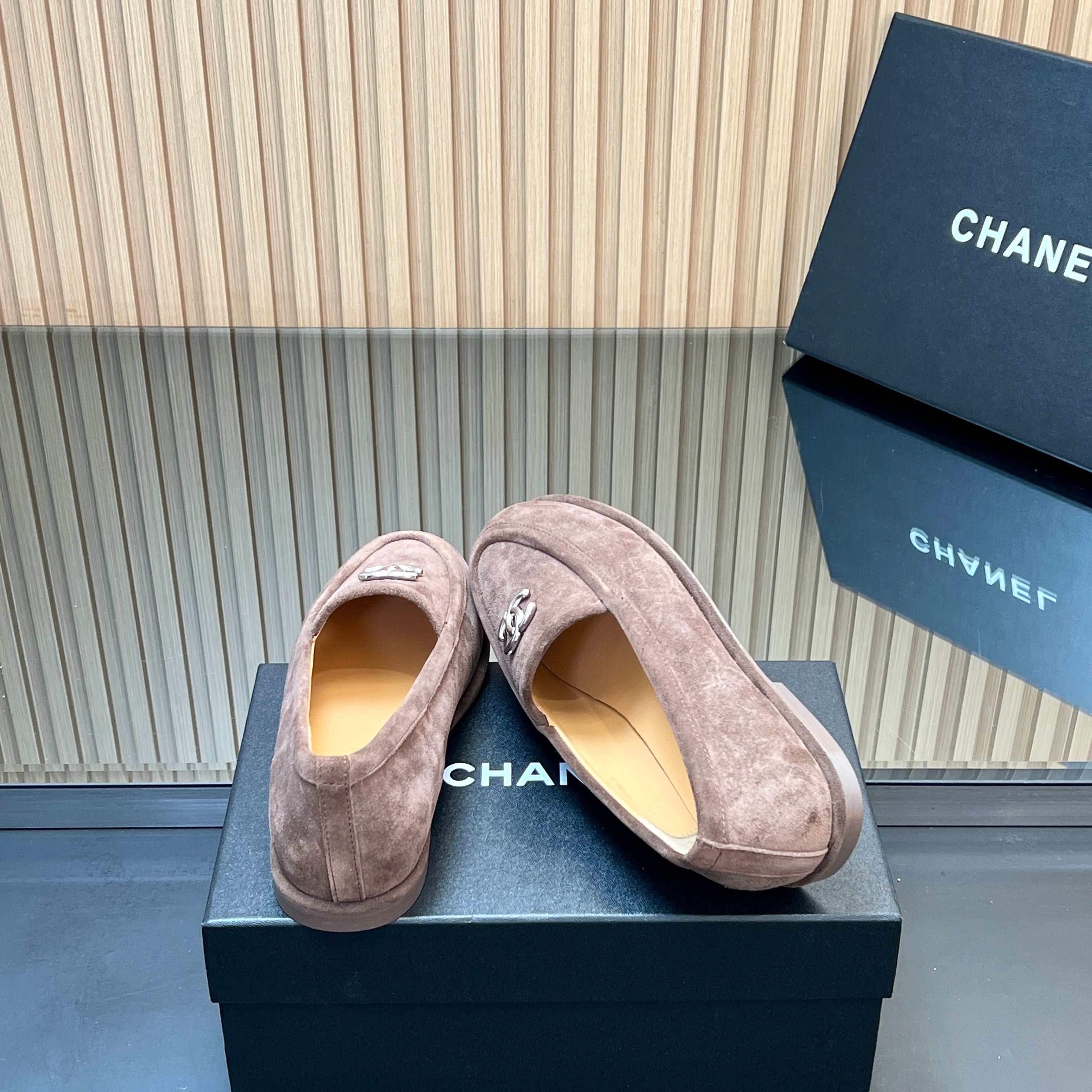 CHANEL 25S TEDDY LOAFER 15MM IN TAUPE GRAY SUEDE SILVER HARDWARE