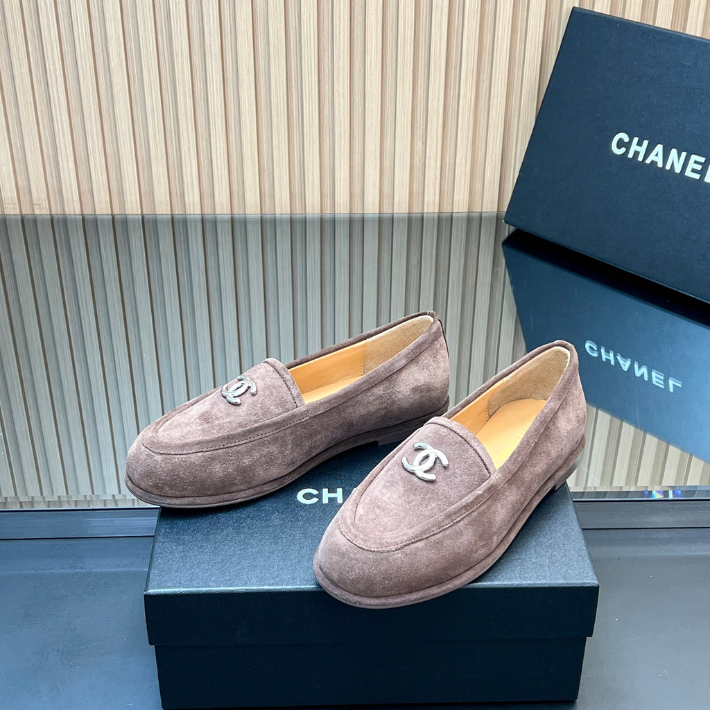 CHANEL 25S TEDDY LOAFER 15MM IN TAUPE GRAY SUEDE SILVER HARDWARE
