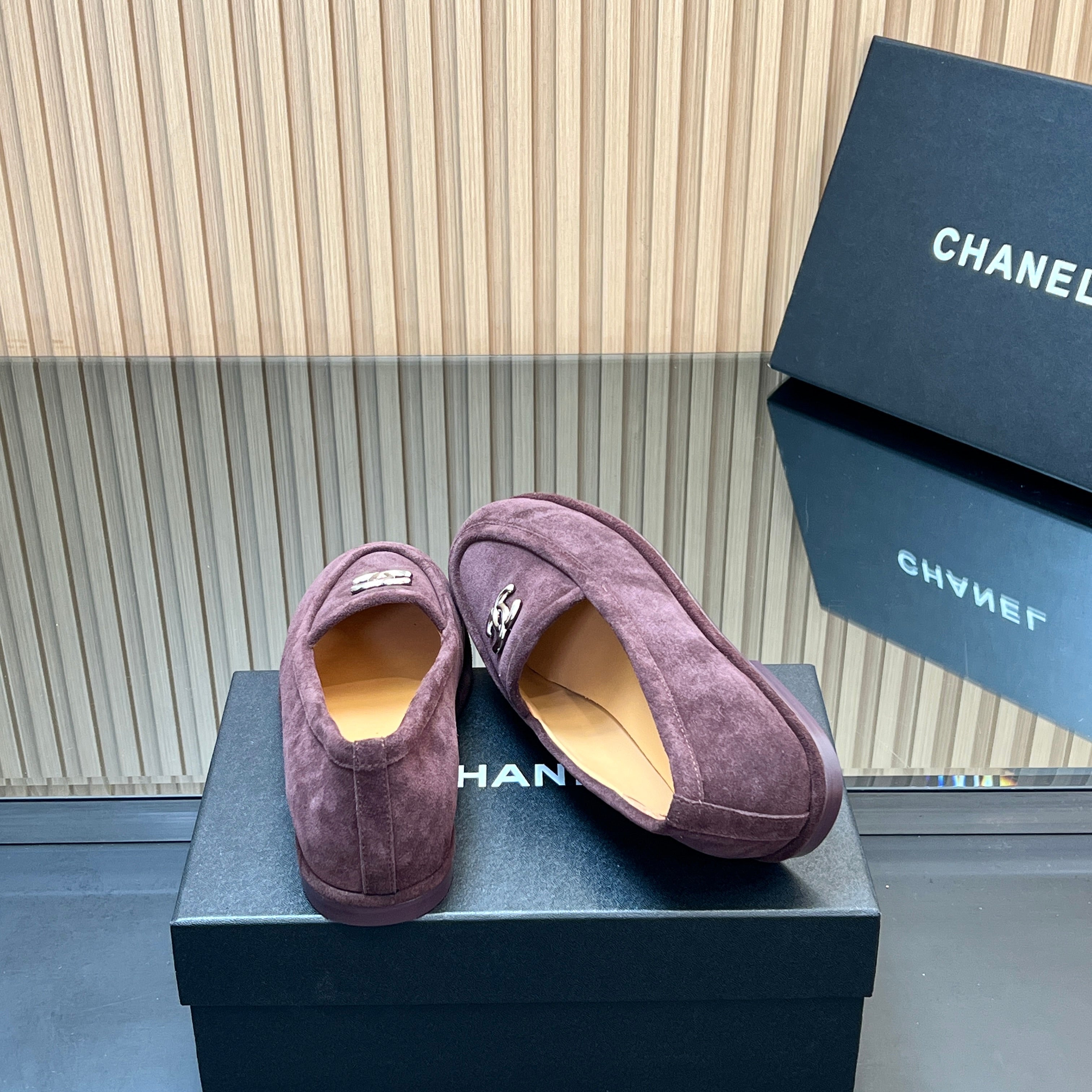 CHANEL 25S TEDDY LOAFER 15MM IN DARK PURPLE SUEDE SILVER HARDWARE