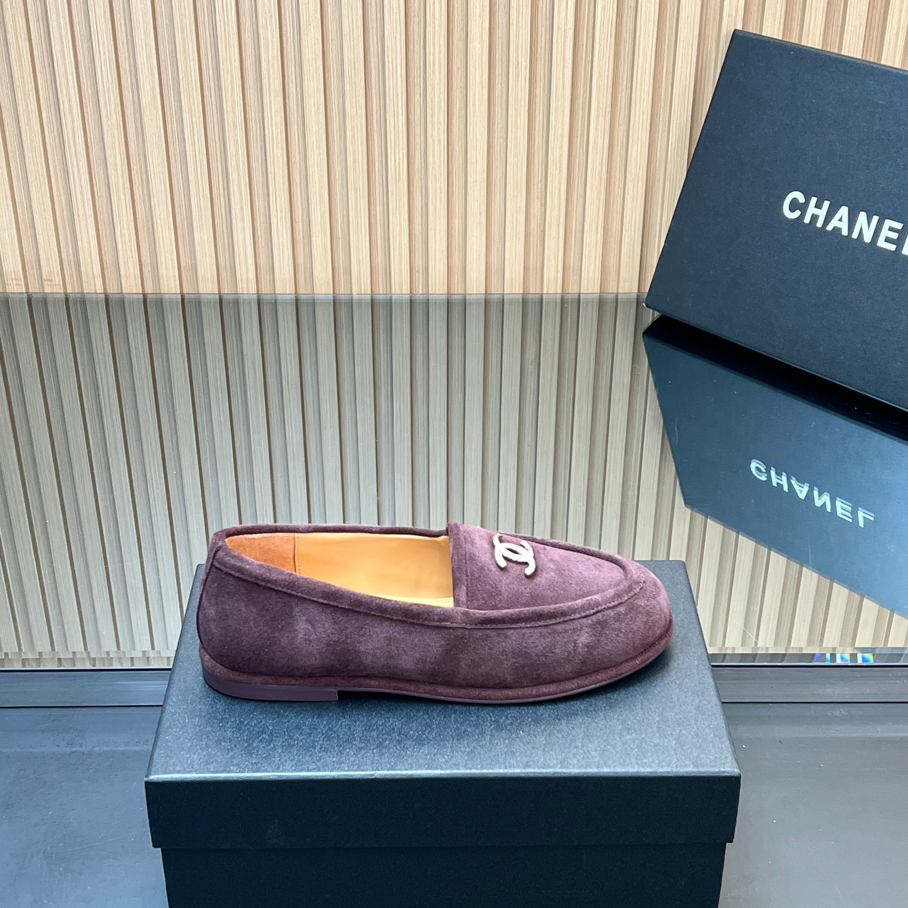 CHANEL 25S TEDDY LOAFER 15MM IN DARK PURPLE SUEDE SILVER HARDWARE