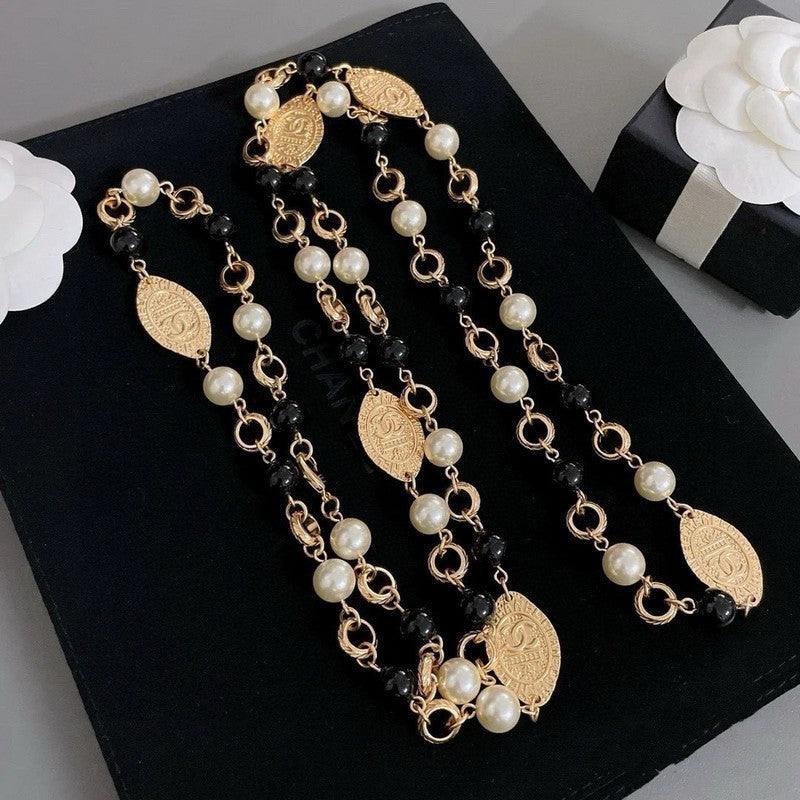 18K  Chanel Long Black & White Pearls Necklace