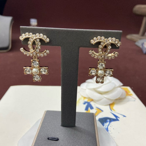 18K  Chanel Cross Pearl & Diamond Earrings
