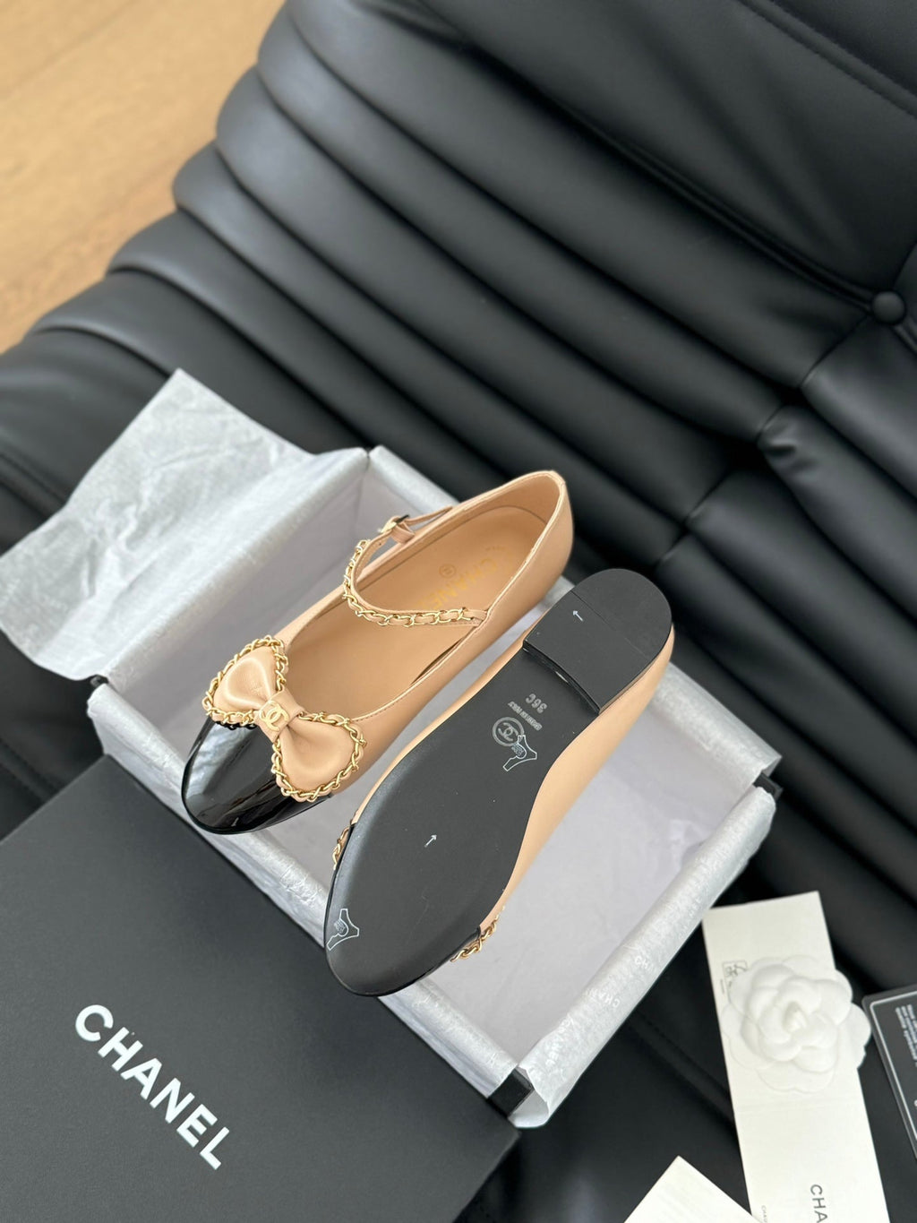 CHANEL BALLET FLATS IN SEPIA BEIGE LAMBSKIN WITH GOLD HARDWARE