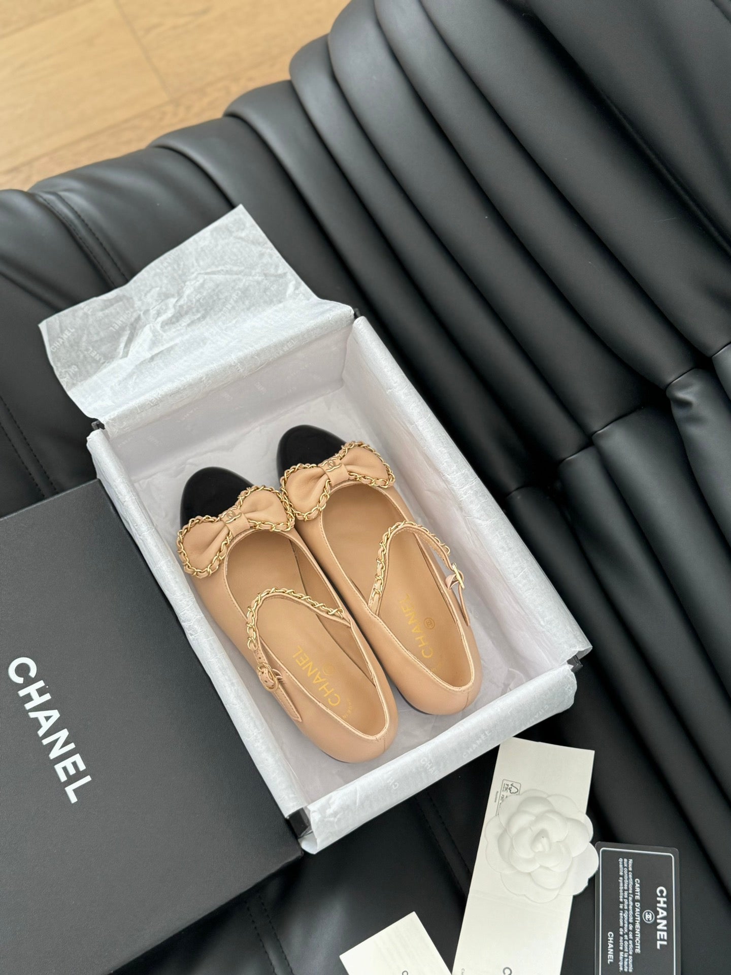 CHANEL BALLET FLATS IN SEPIA BEIGE LAMBSKIN WITH GOLD HARDWARE