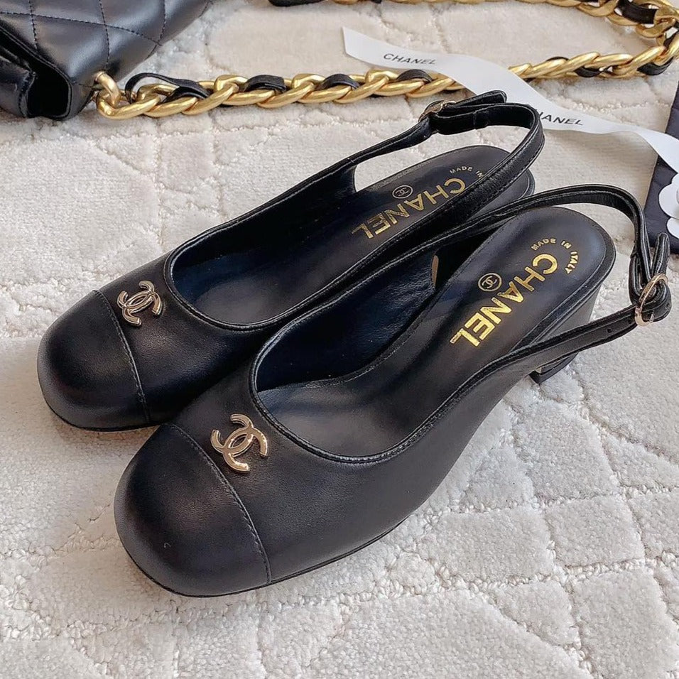CHANEL SLINGBACKS 45 IN BLACK SHEEPSKIN