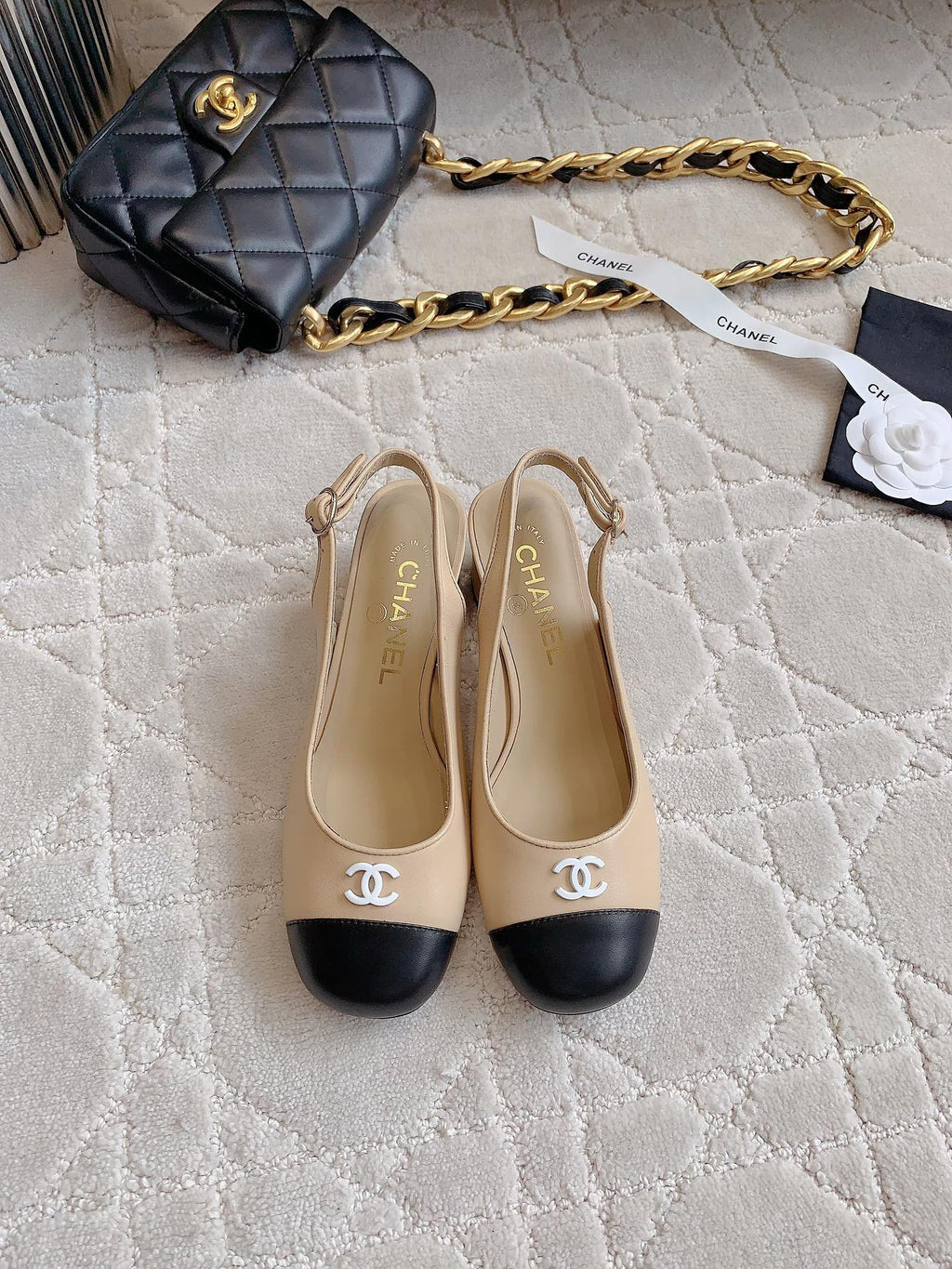 CHANEL SLINGBACKS IN BEIGE CREAM MIX BLACK SHEEPSKIN