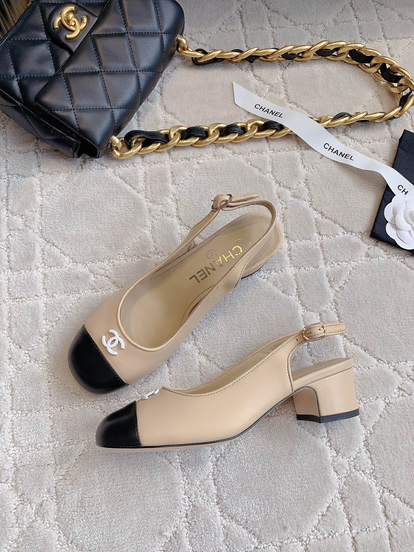 CHANEL SLINGBACKS IN BEIGE CREAM MIX BLACK SHEEPSKIN
