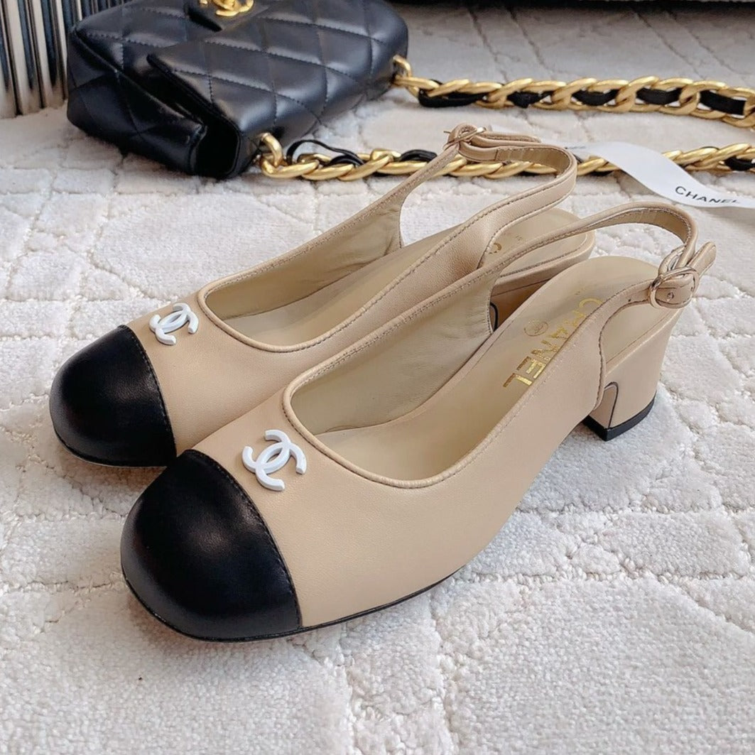 CHANEL SLINGBACKS IN BEIGE CREAM MIX BLACK SHEEPSKIN