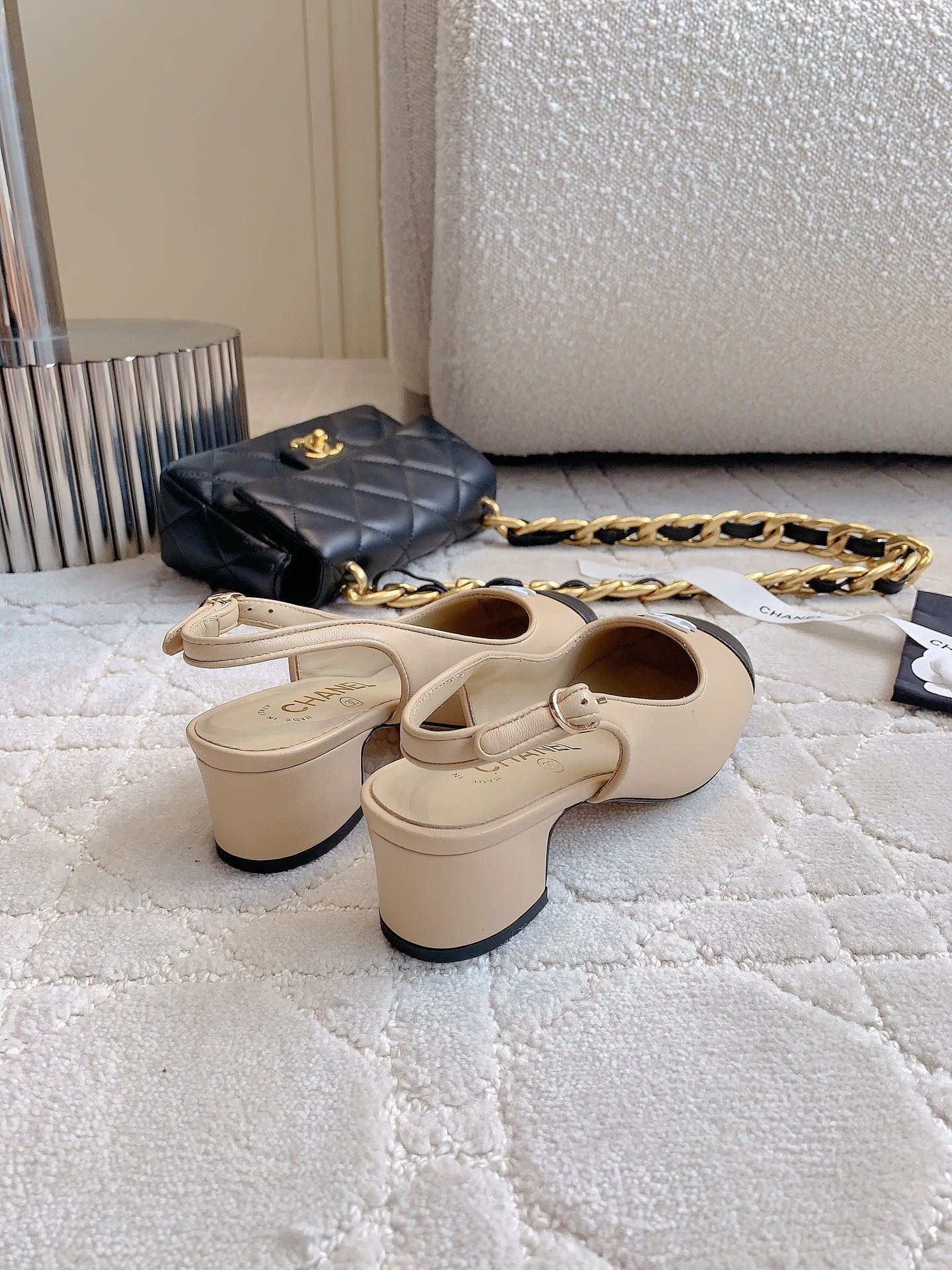 CHANEL SLINGBACKS IN BEIGE CREAM MIX BLACK SHEEPSKIN