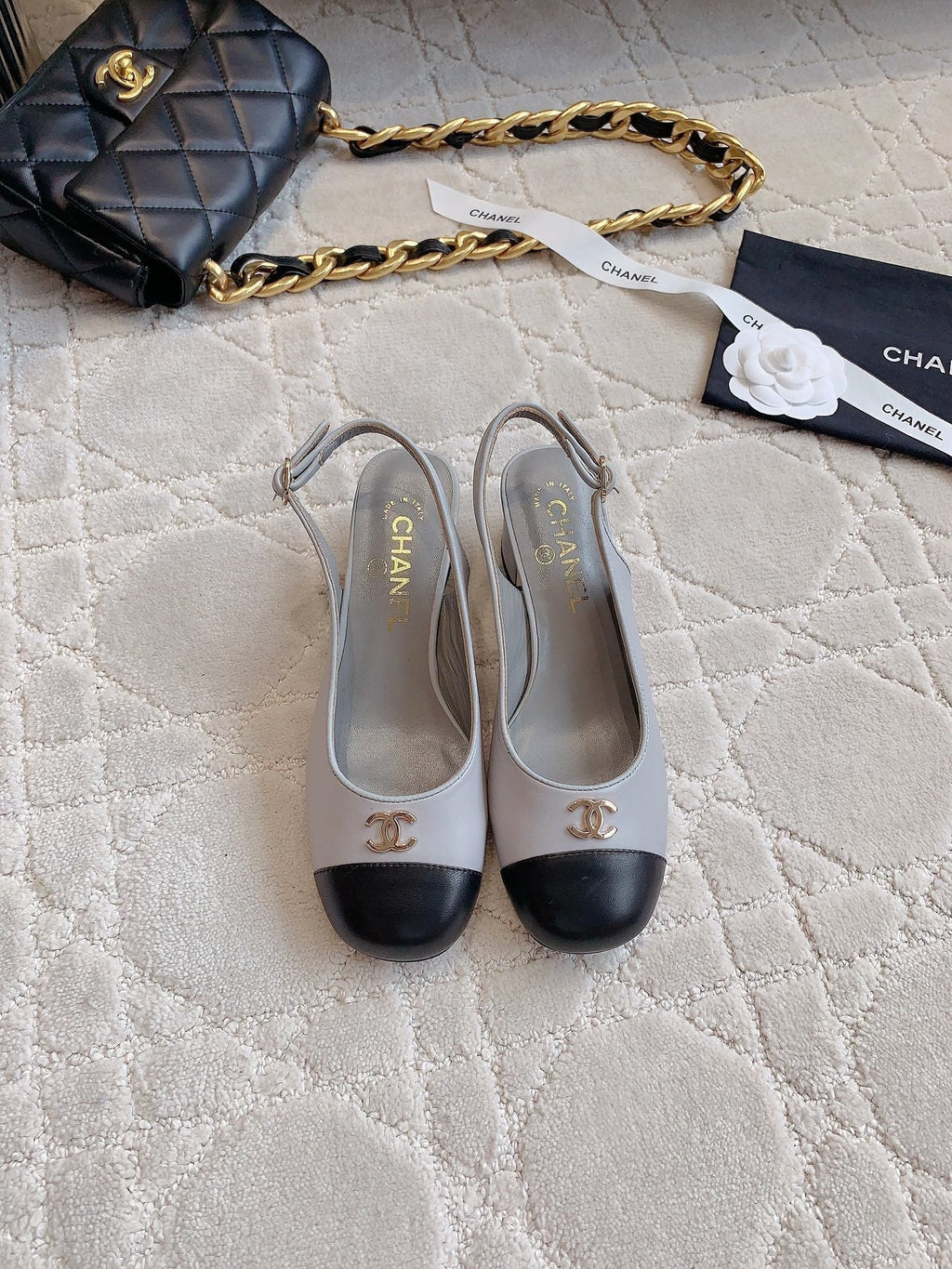 CHANEL SLINGBACKS IN SLATE GREY MIX BLACK SHEEPSKIN