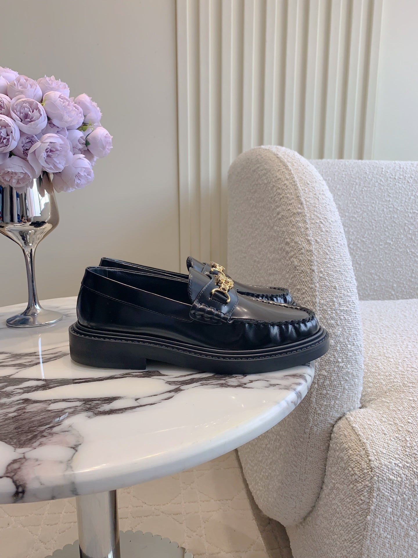 CELINE CHANEL  25S ARC DE TRIOMPHE LOAFERS IN BLACK SHINY CALFSKIN GOLD HARDWARE