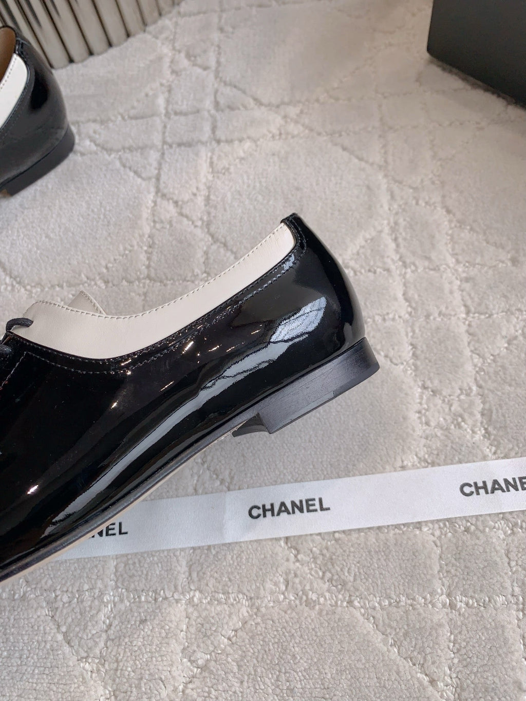 CHANEL 25S TWO TONE LACE UP IN BLACK AND WHITE SHINY CALFSKIN