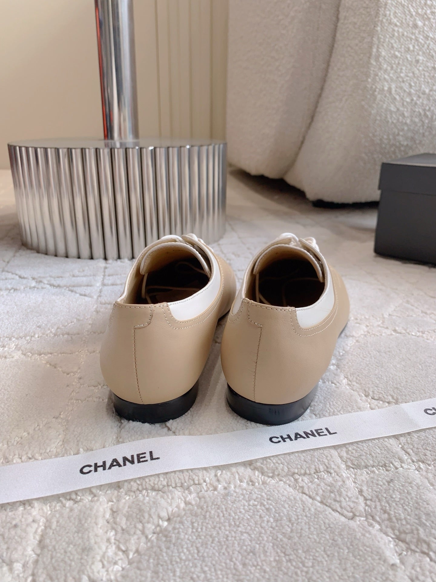 CHANEL 25S TWO TONE LACE UP IN BEIGE CALFSKIN