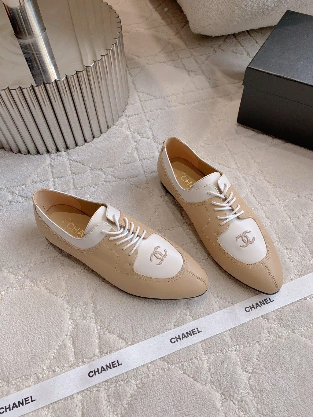 CHANEL 25S TWO TONE LACE UP IN BEIGE CALFSKIN
