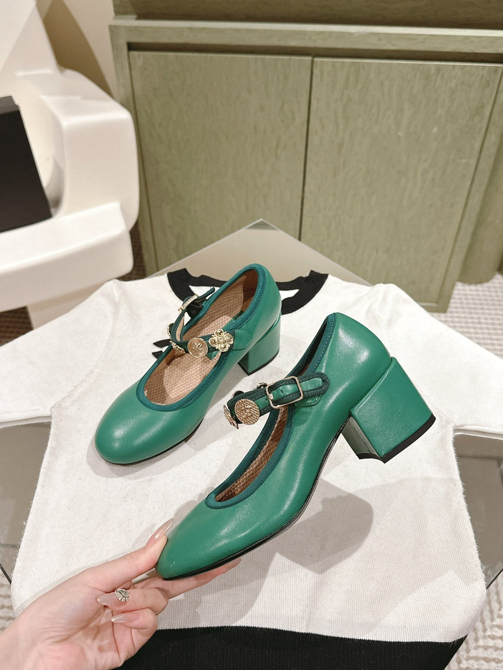 CHANEL HIGH MARY JANE SEA GREEN LAMBSKIN