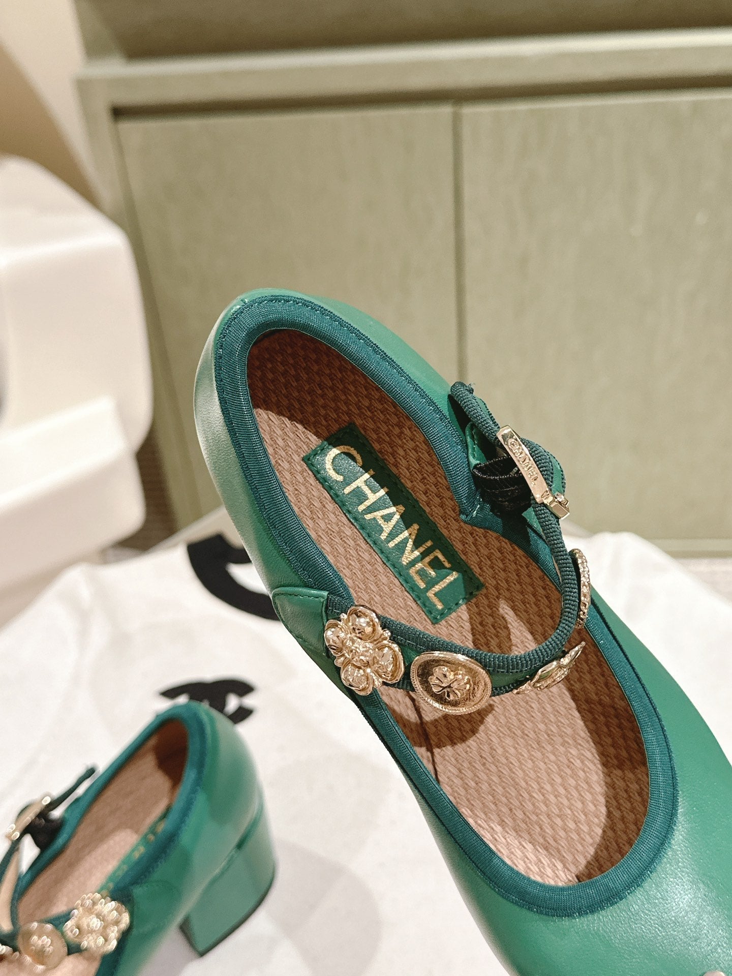 CHANEL HIGH MARY JANE SEA GREEN LAMBSKIN