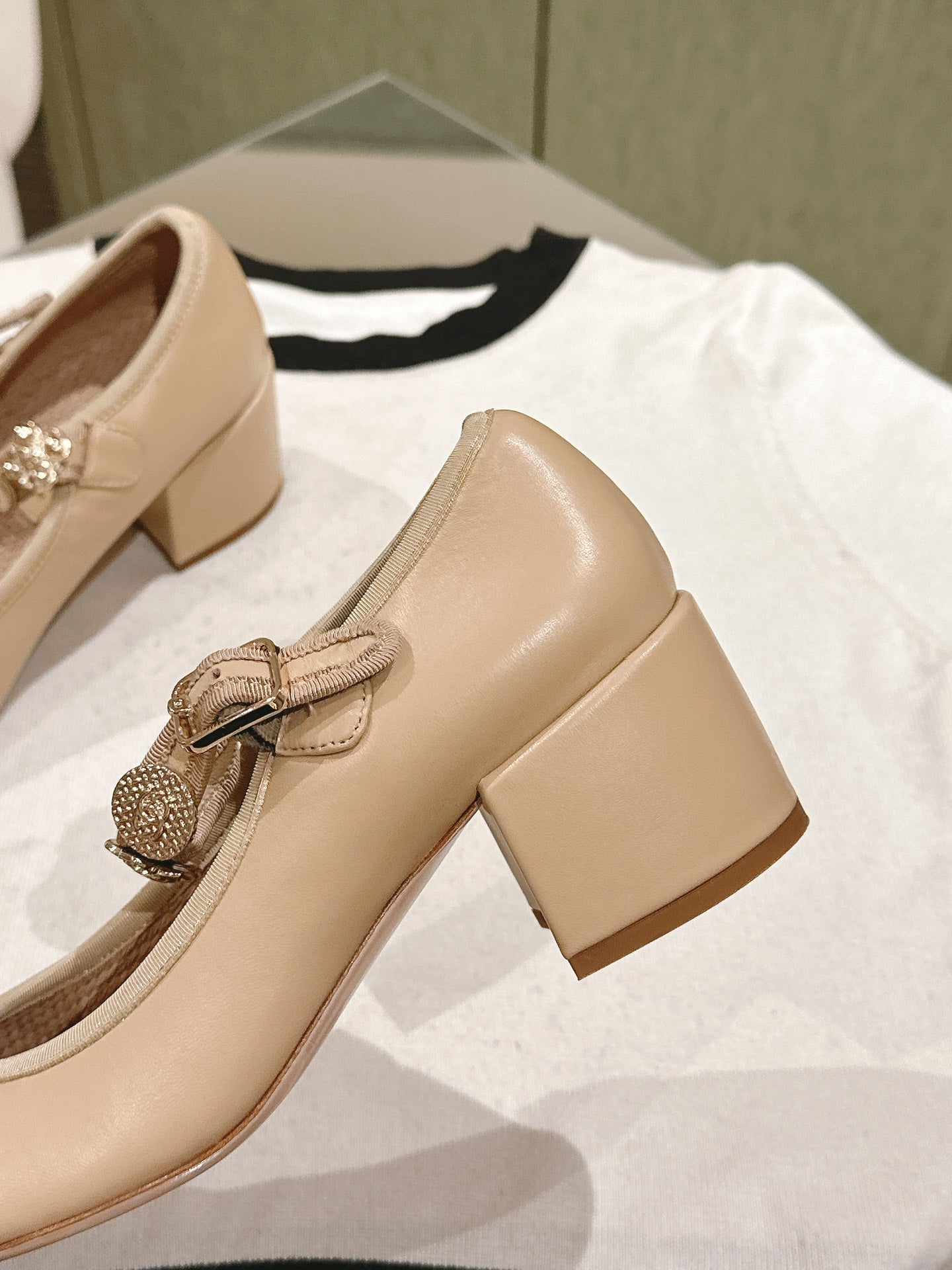 CHANEL HIGH MARY JANE ALMOND BEIGE LAMBSKIN