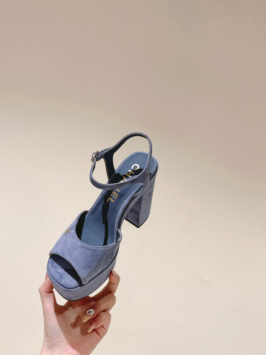 CHANEL HIGH SANDAL SAPHIRE BLUE SUEDE CALFSKIN