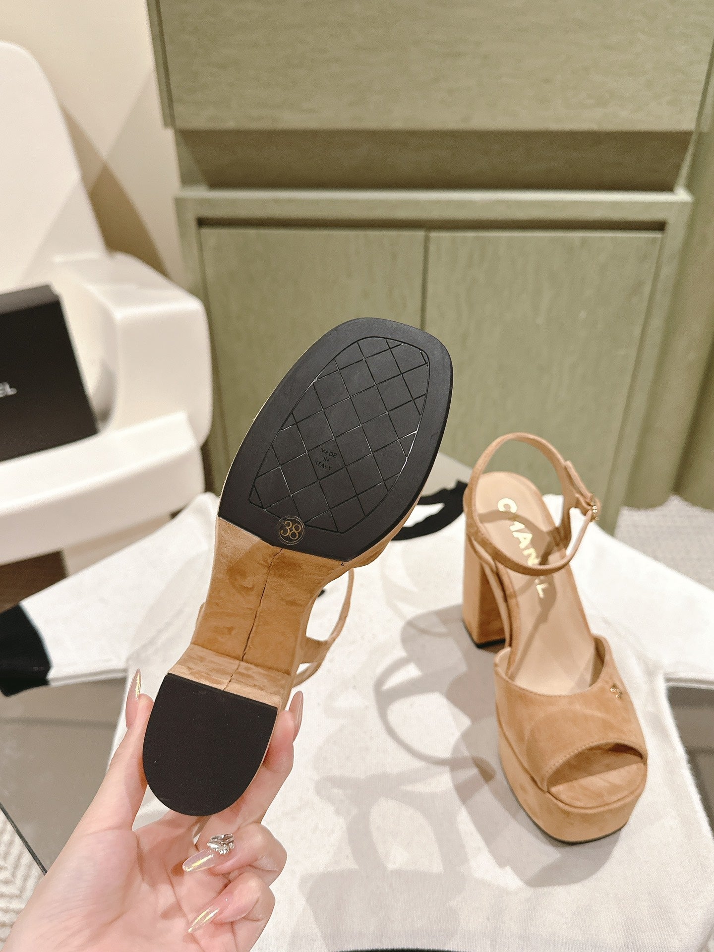 CHANEL HIGH SANDAL PEACH PINK SUEDE CALFSKIN