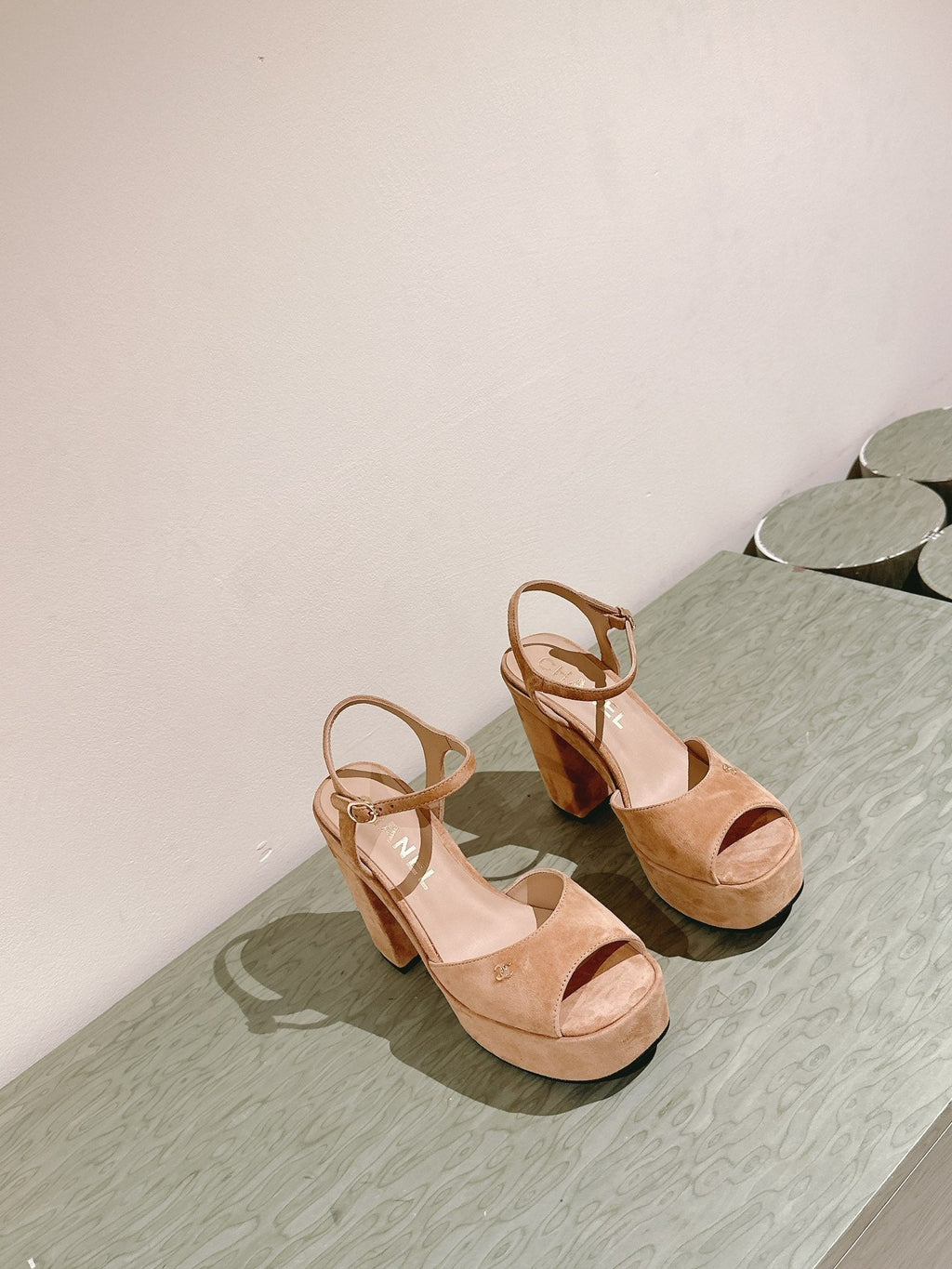 CHANEL HIGH SANDAL PEACH PINK SUEDE CALFSKIN