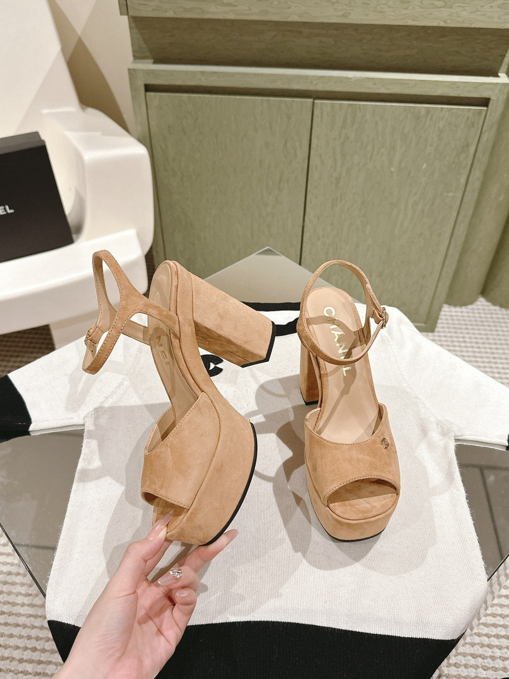 CHANEL HIGH SANDAL PEACH PINK SUEDE CALFSKIN