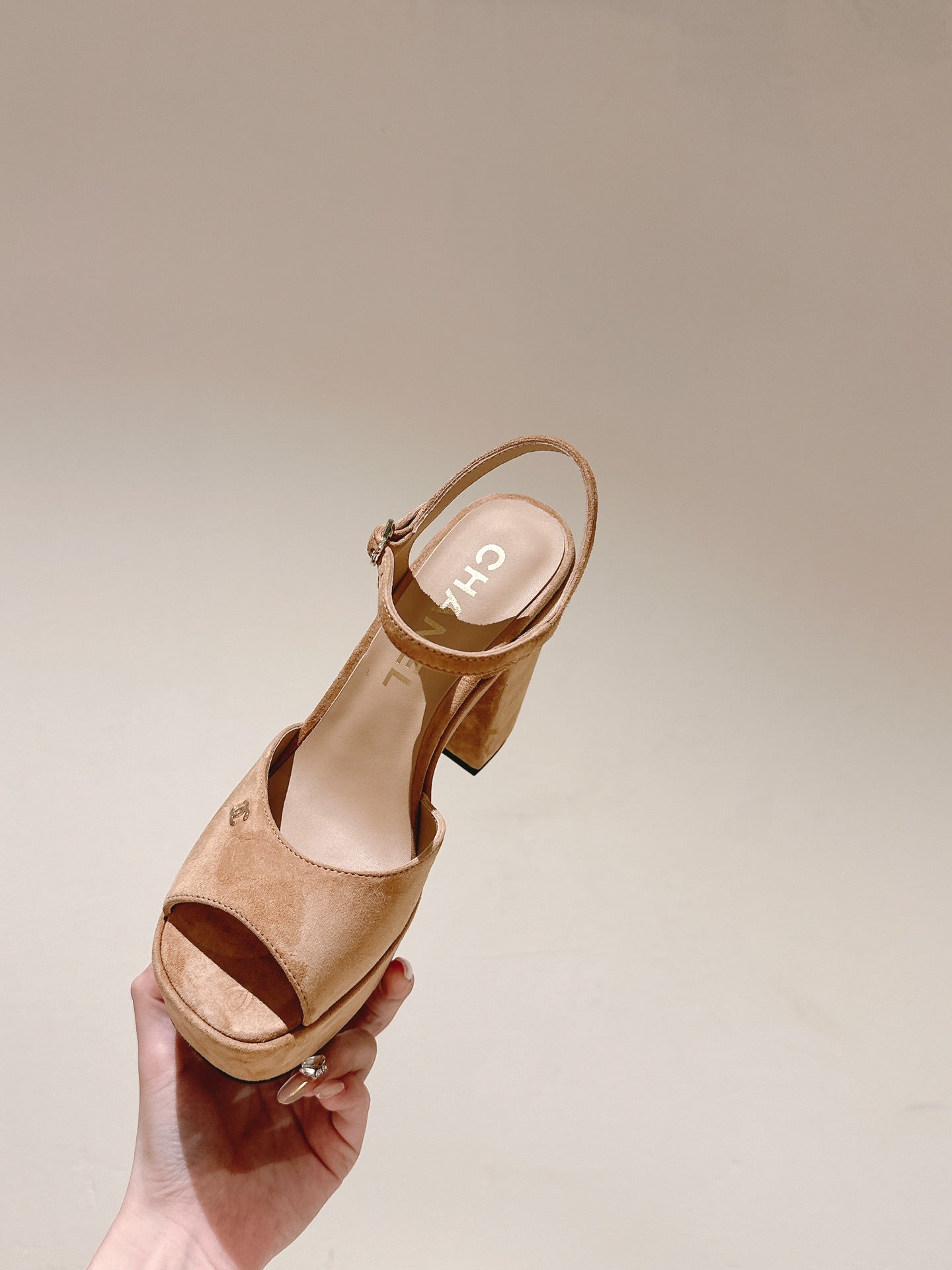 CHANEL HIGH SANDAL PEACH PINK SUEDE CALFSKIN