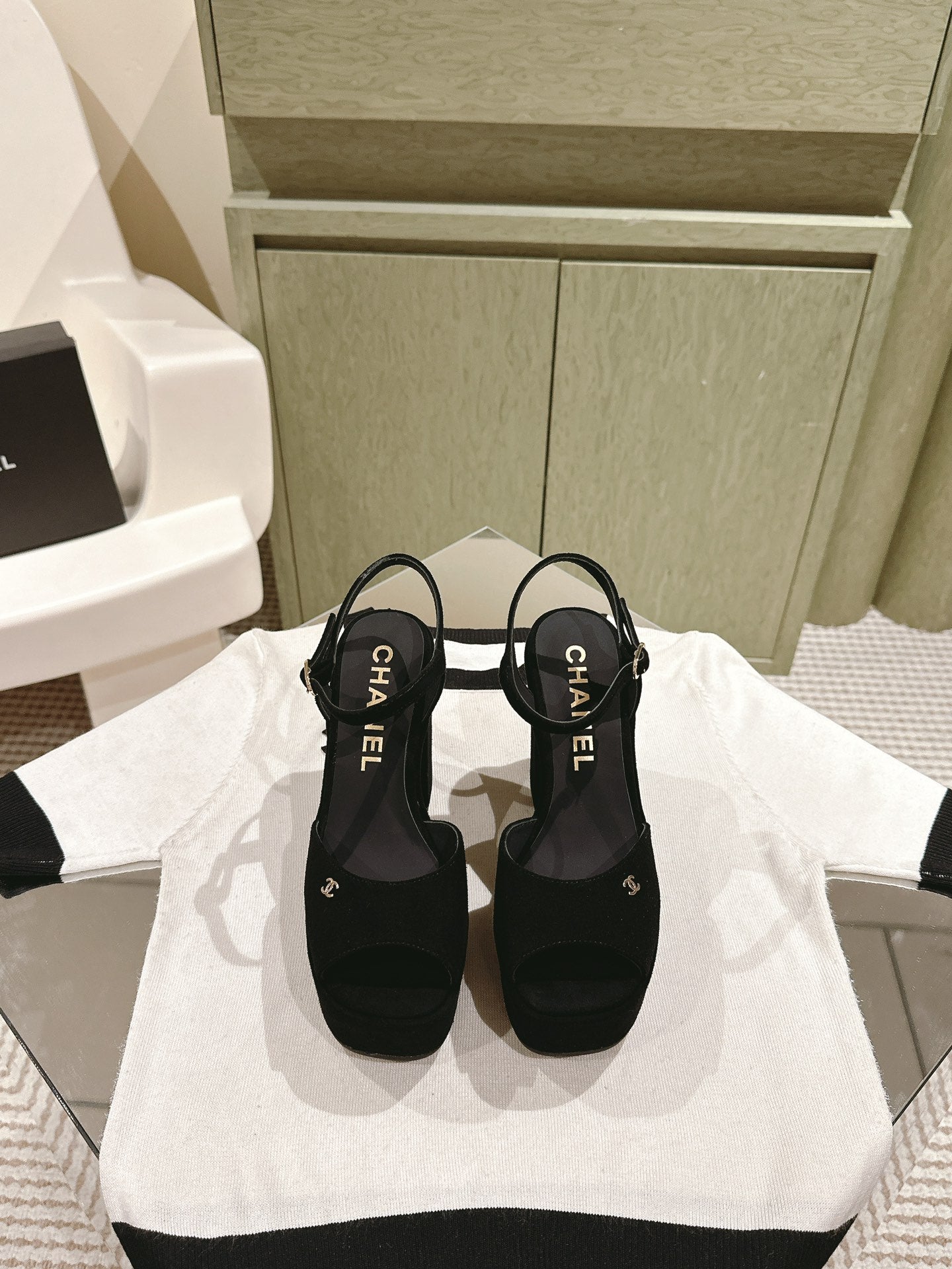 CHANEL HIGH SANDAL BLACK SUEDE CALFSKIN